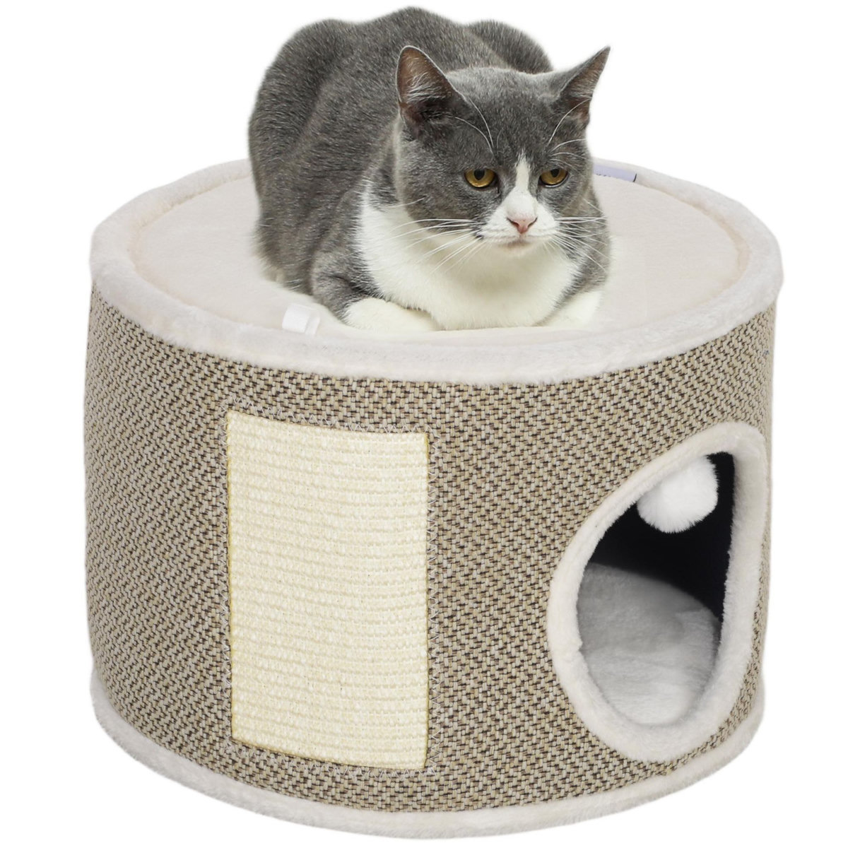 PAWHUT Panier niche griffoir grattoir 4 en 1 - 2 coussins, pompon - sisal naturel peluche crème café