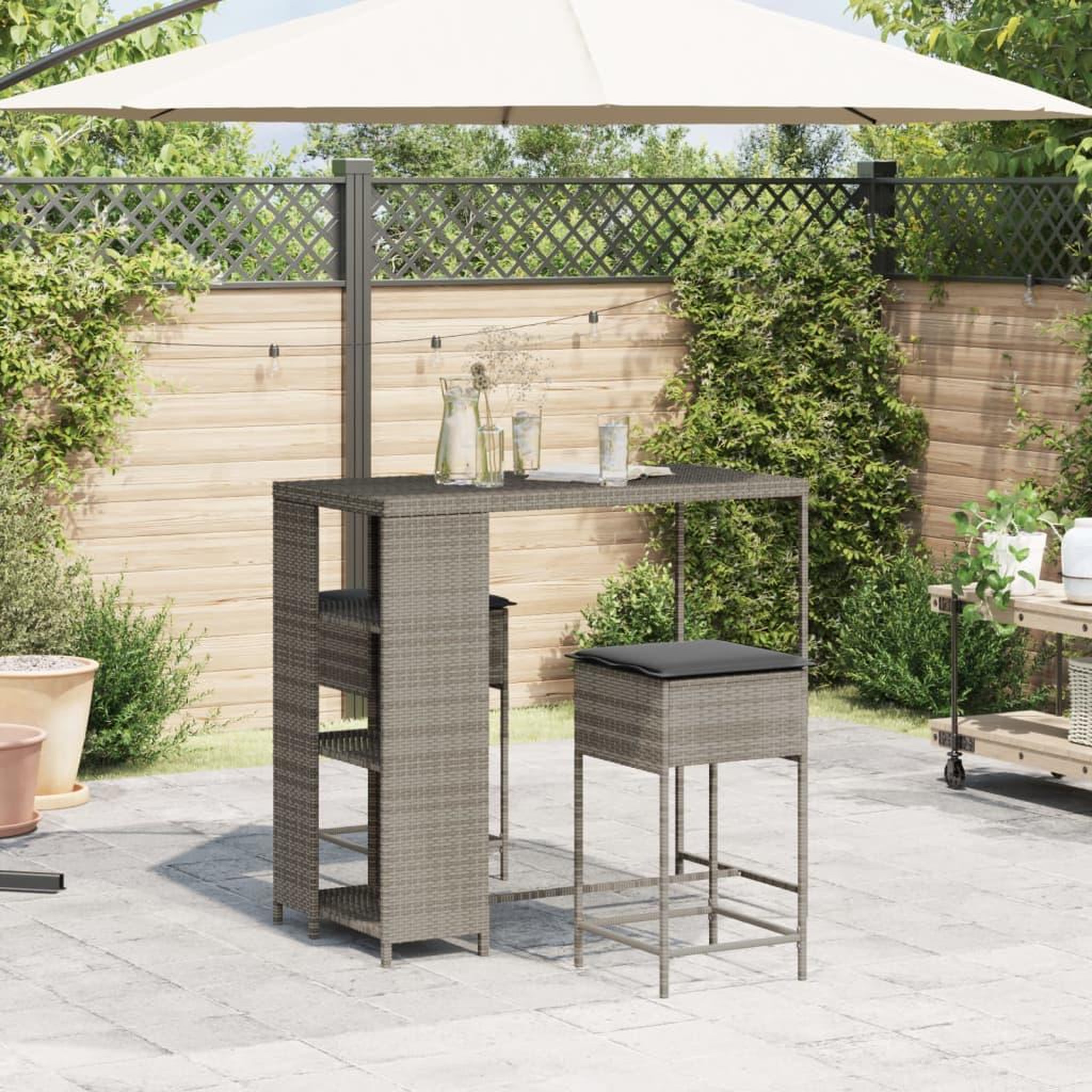 Voir la diapositive 3 : VIDAXL Ensemble de bar de jardin 3 pcs et coussins gris resine tressee