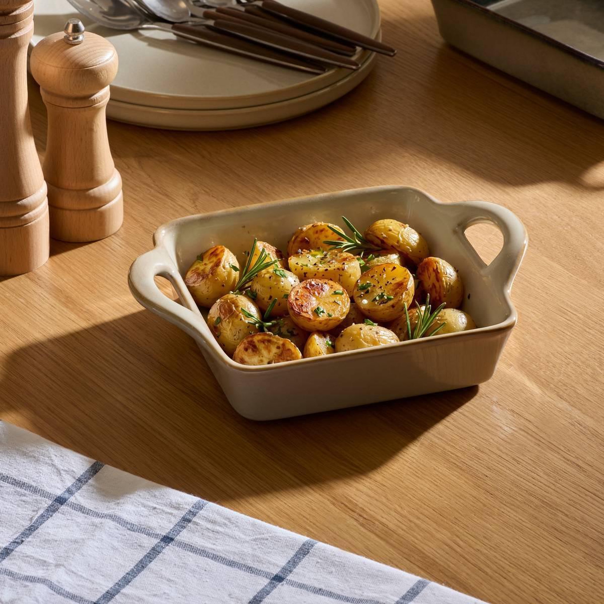 Voir la diapositive 3 : SECRET DE GOURMET Plat à four carré en grès  terre inconnue  24cm beige