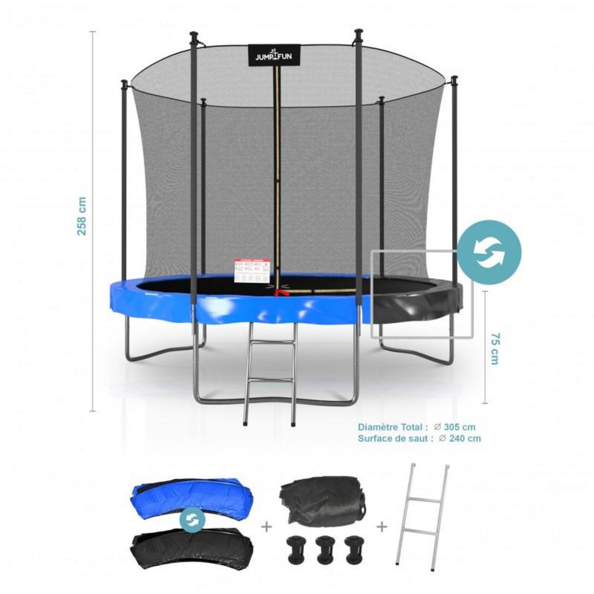 JUMP4FUN Trampoline extérieur Classique ø 305 cm- 10FT- Filet intérieur, Matelas de protection réversible et Echelle