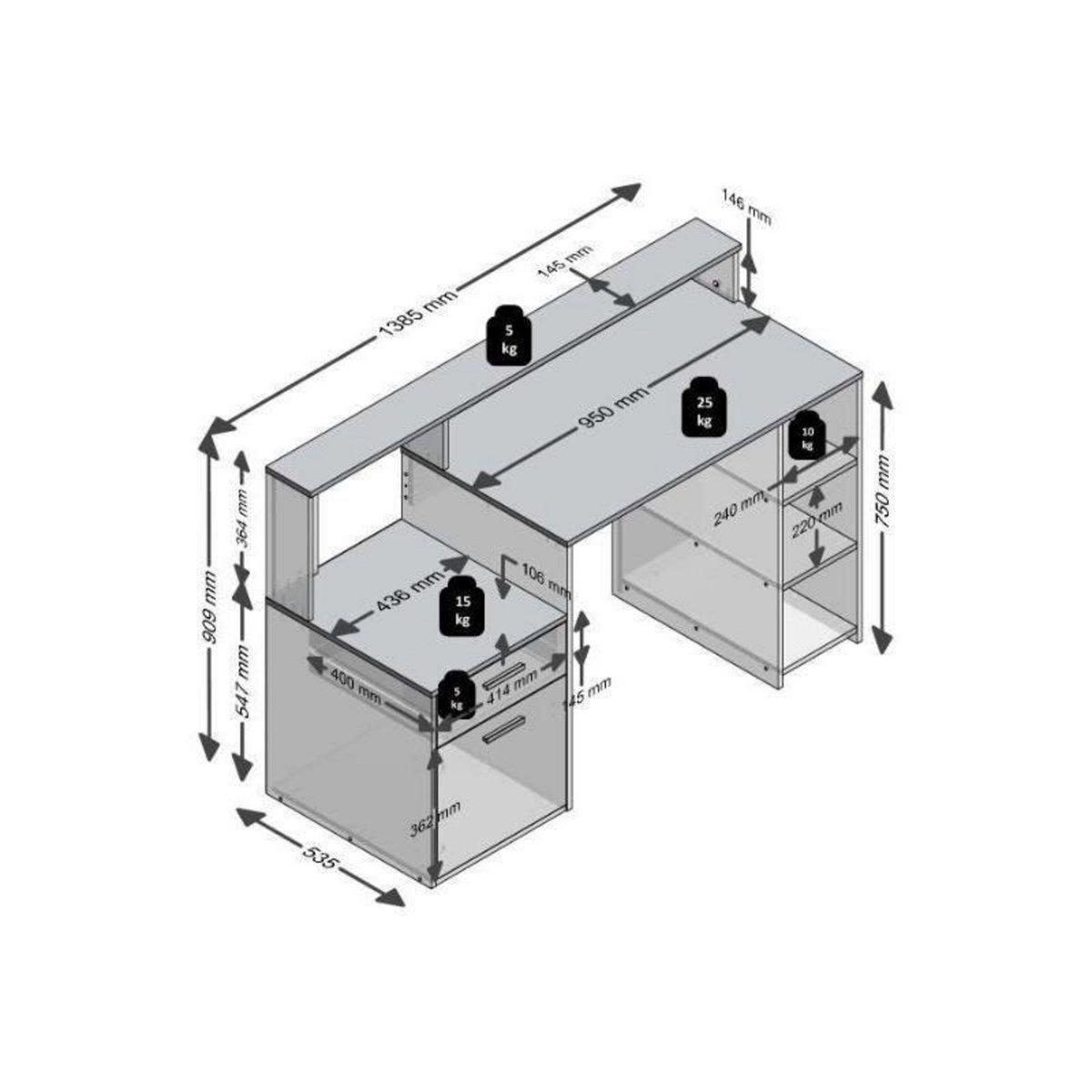 FMD Bureau avec réhausse et rangements BOLTON - Mélamine gris béton/antracite - L138,5 x H91,6 x P53,5 cm