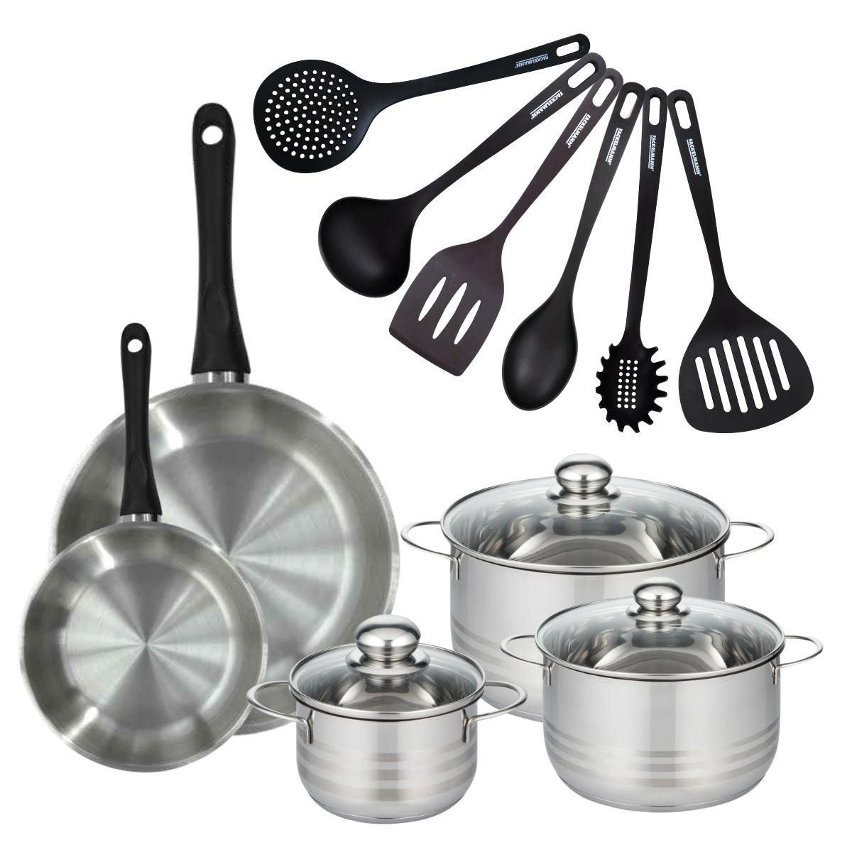 Fackelmann Set de 2 poêles 20 et 28 cm en inox, 3 faitouts inox 16, 20 et 24 cm et 6 ustensiles RPET Fackelmann Geneva
