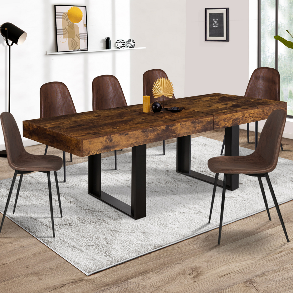 ID MARKET Table à manger extensible rectangle PHOENIX 4-8 personnes bois effet vieilli et noir 160-200 cm