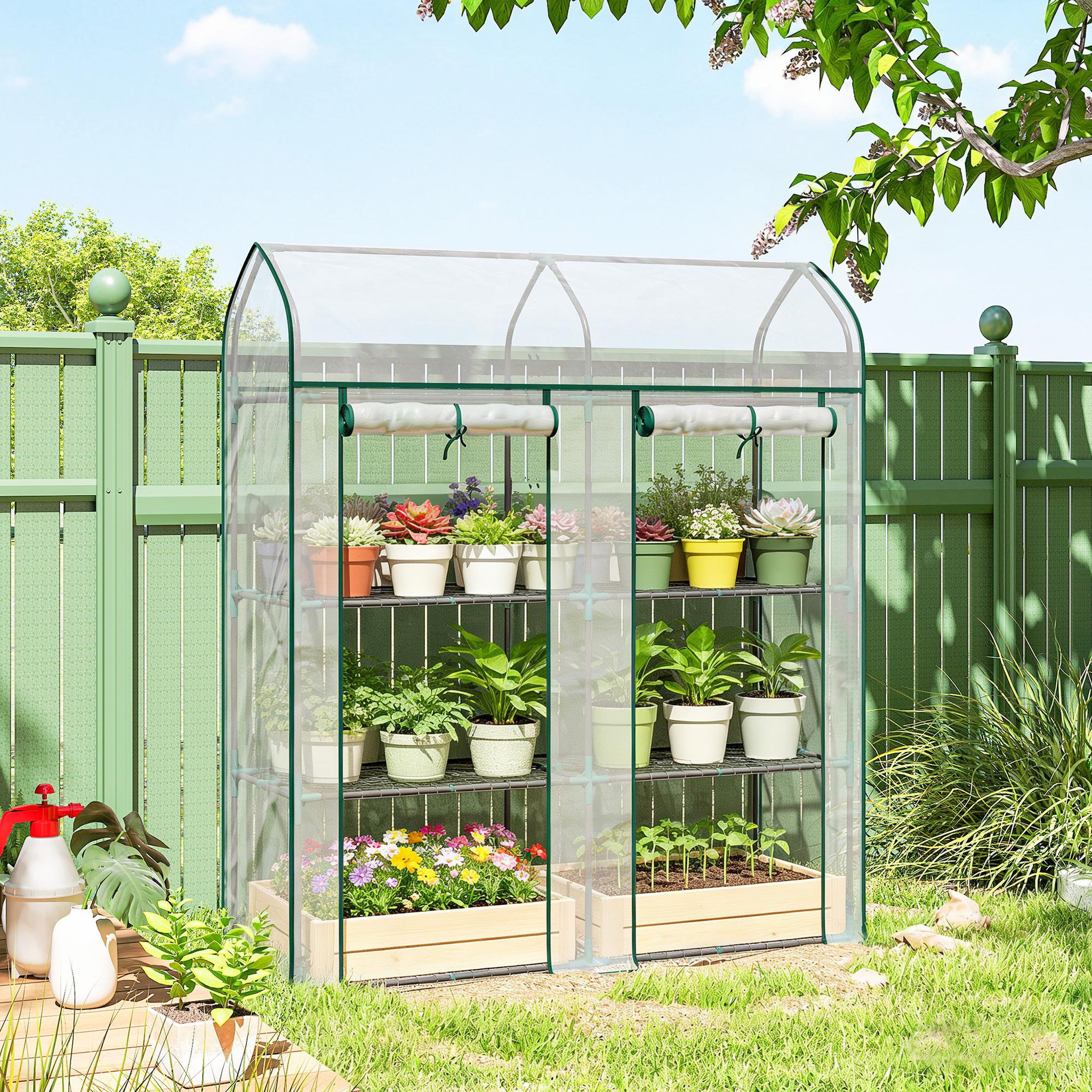 Voir la diapositive 2 : OUTSUNNY Serre de jardin étagères 3 niveaux châssis acier bâche pvc transparent