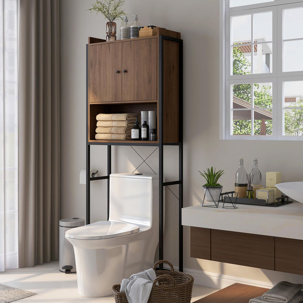 KLEANKIN Meuble WC meuble dessus toilettes style industriel 2 portes avec étagère niche acier noir aspect noyer