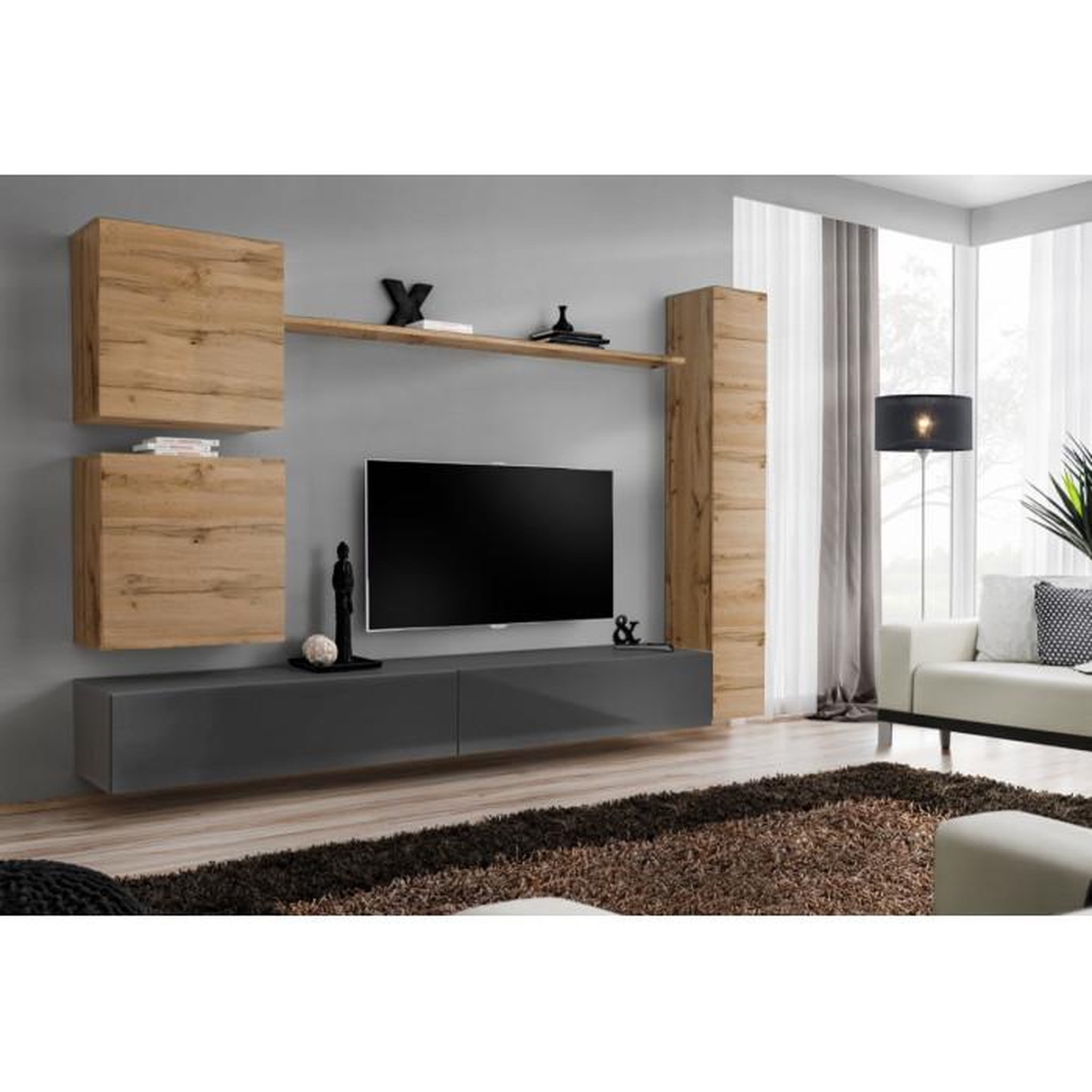 Voir la diapositive 2 : Paris Prix Meuble TV Mural Design  Switch VIII  280cm Naturel & Gris