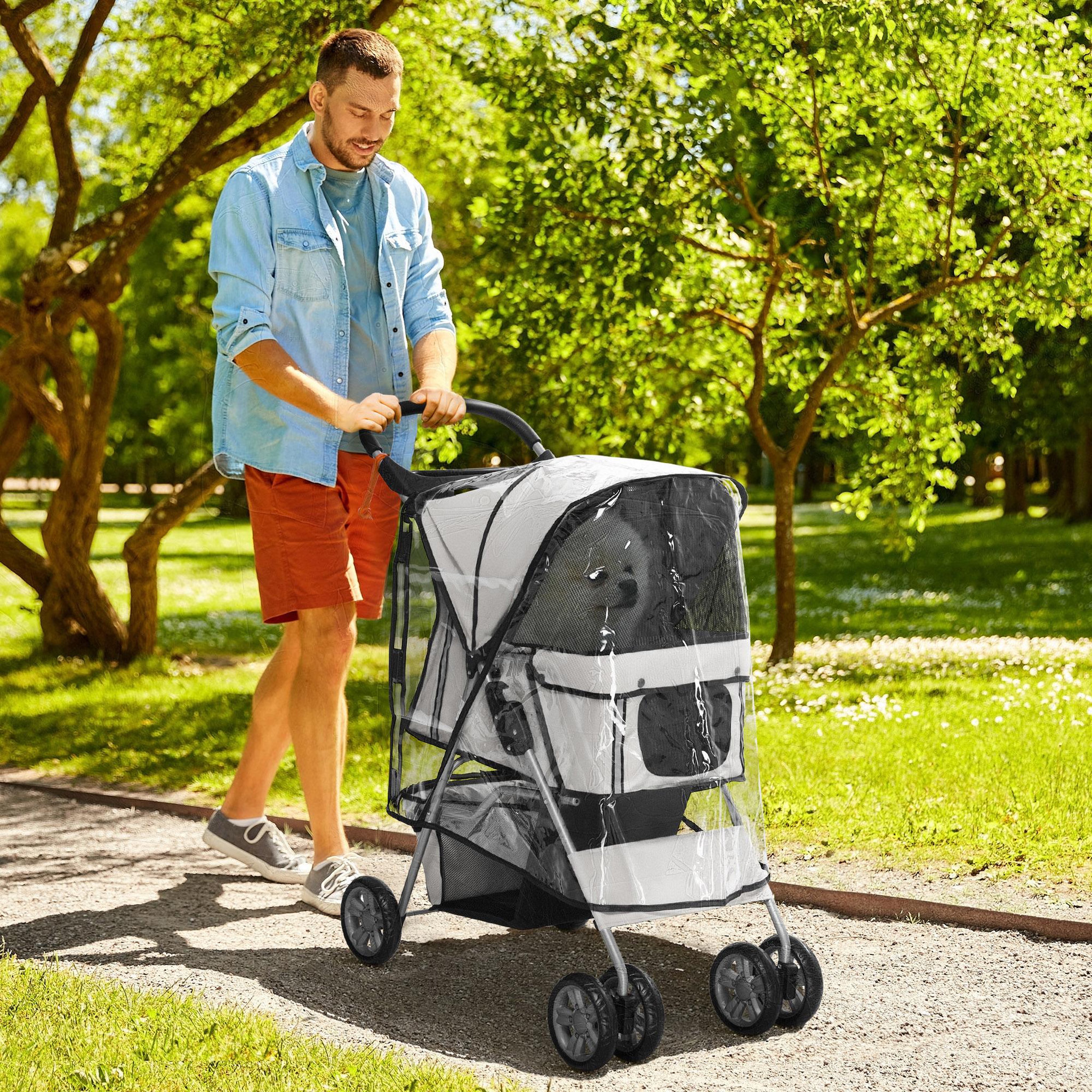 Voir la diapositive 2 : PAWHUT Poussette buggy pliable animaux chariot pliant chien chat porte-gobelet panier de rangement inclus roues avec frein tissu 600d oxford métal gris