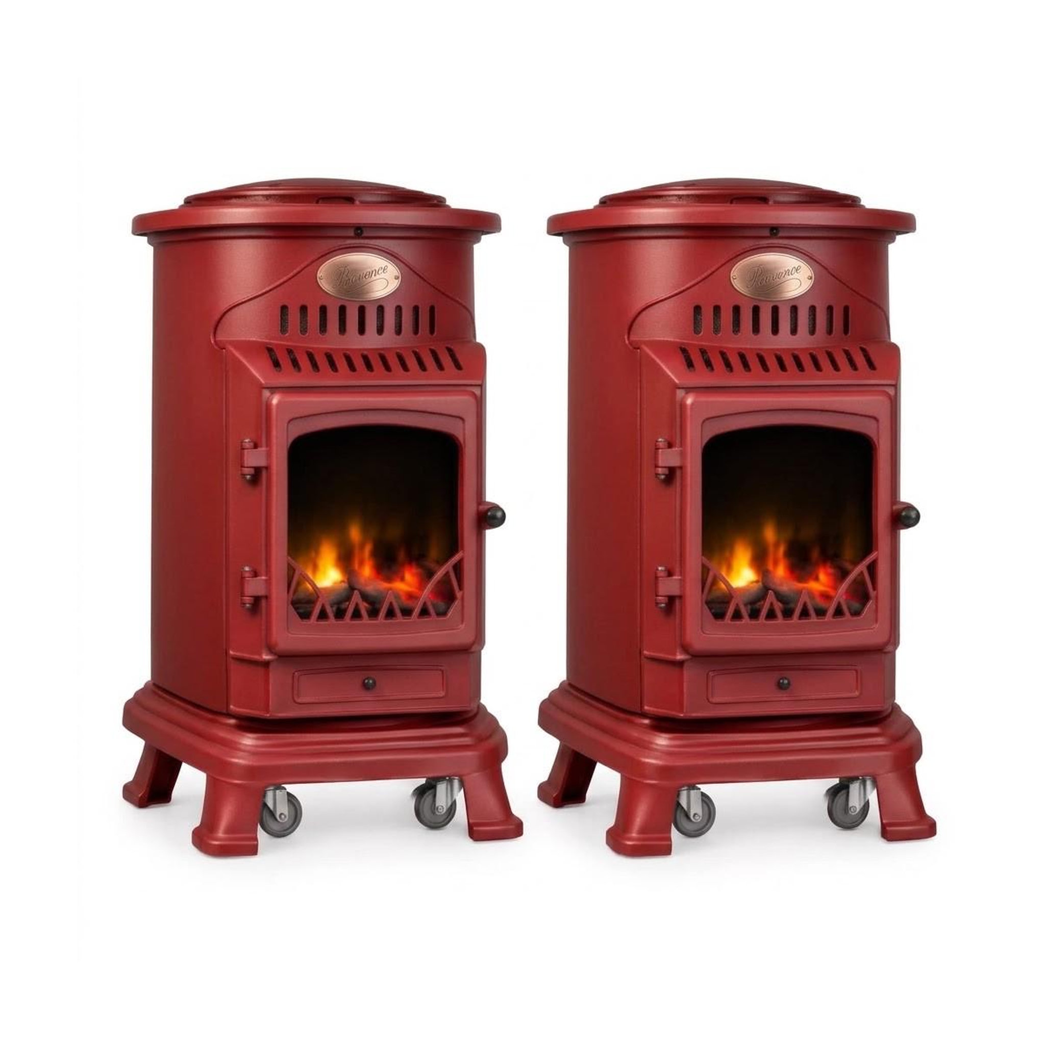 SAHARA Pack de 2 Poêles à gaz Rouge Provence en fonte 3,4KW Effet feu de bois Chauffage d'appoint gaz sur roues Sahara