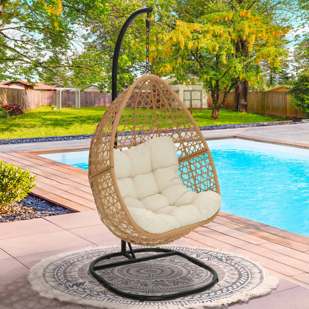 ID MARKET Fauteuil lune suspendu ajouré effet rotin avec coussin écru