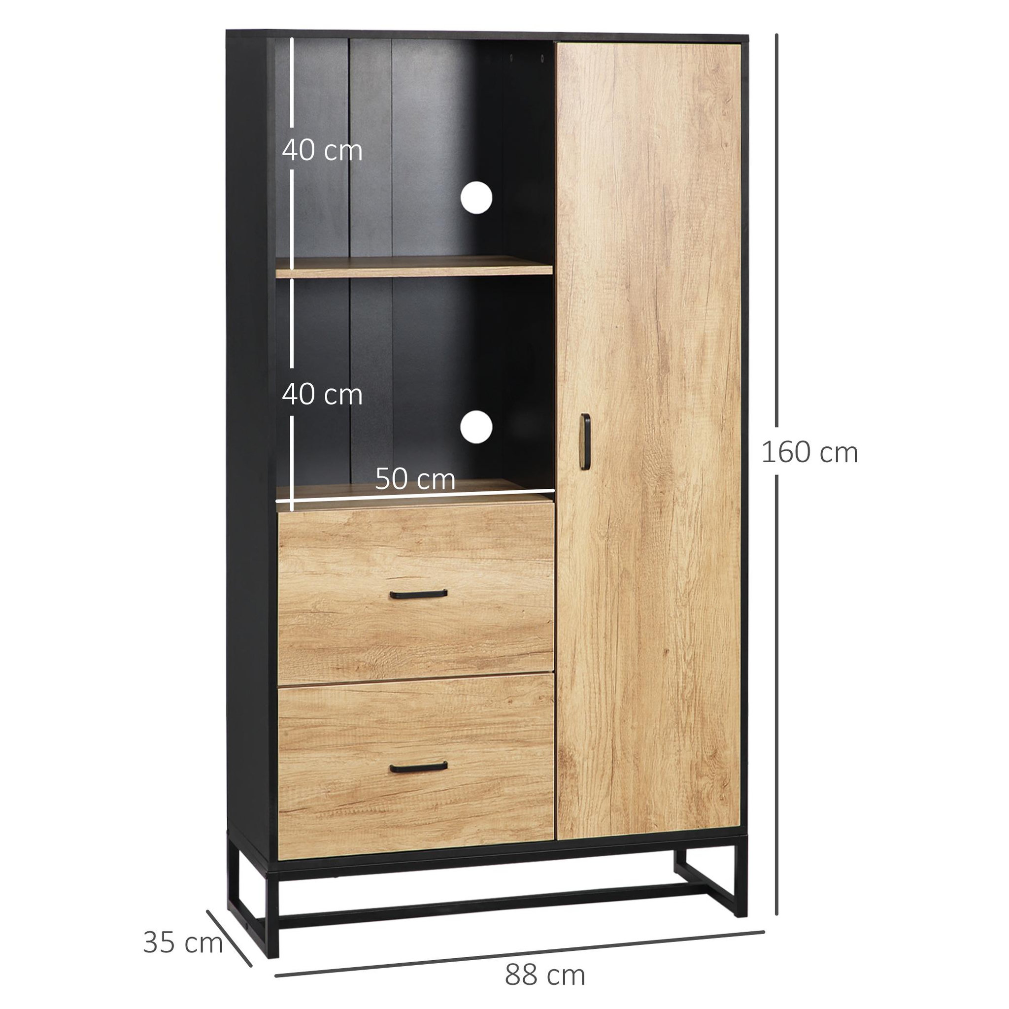 Voir la diapositive 3 : HOMCOM Buffet haut multi-rangement une porte 3 étagères 2 tiroirs 2 niches piètement acier noir aspect chêne clair