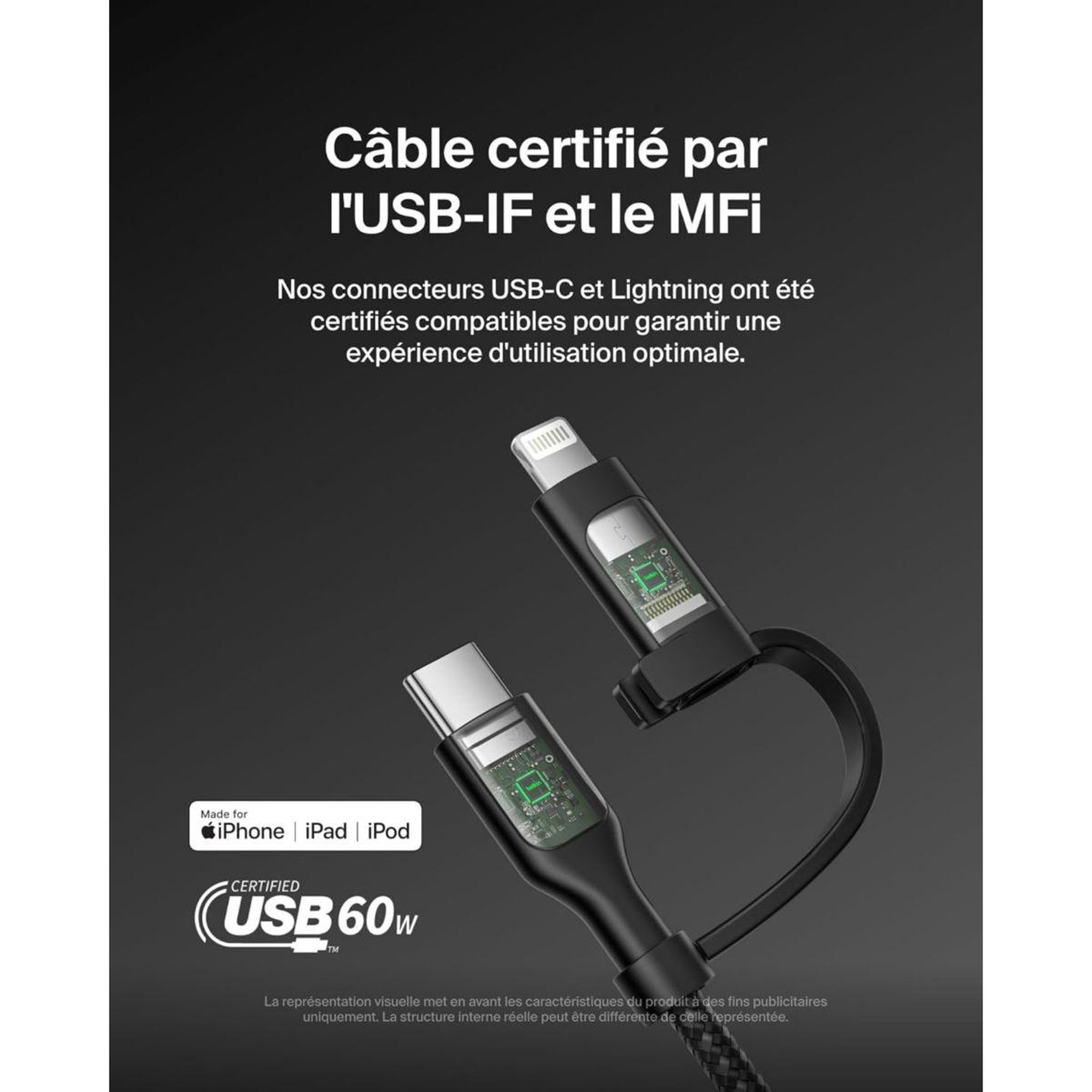 Voir la diapositive 4 : Belkin Adaptateur usb 2-en-1 usb-c et lightning 1m50 noi