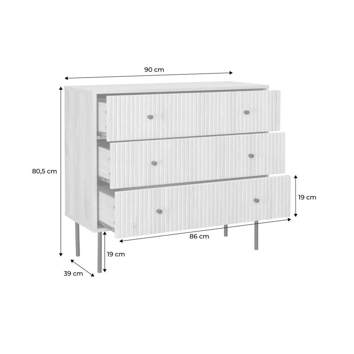 SWEEEK Commode contemporaine décor bois rainuré 3 tiroirs poignées métal noir