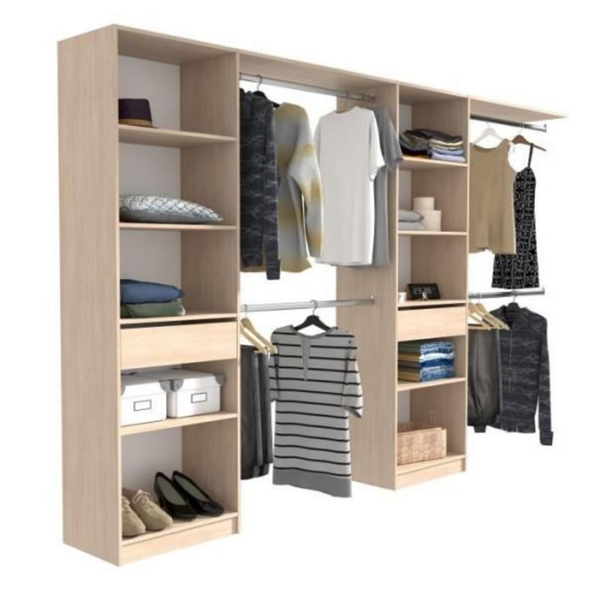 EKIPA EKIPA Dressing extensible - 2 colonnes avec 2 tiroirs et 10 étageres + 4 penderies - Décor chene - L 320 x P 40 x H 200 cm - D