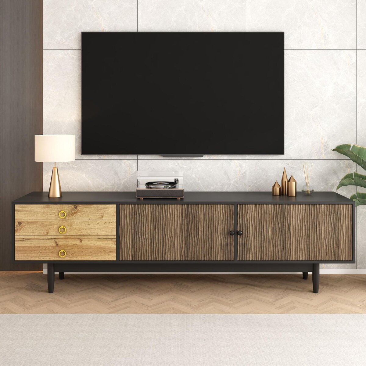 MERAX Meuble tv noir+naturel 180 cm mdf