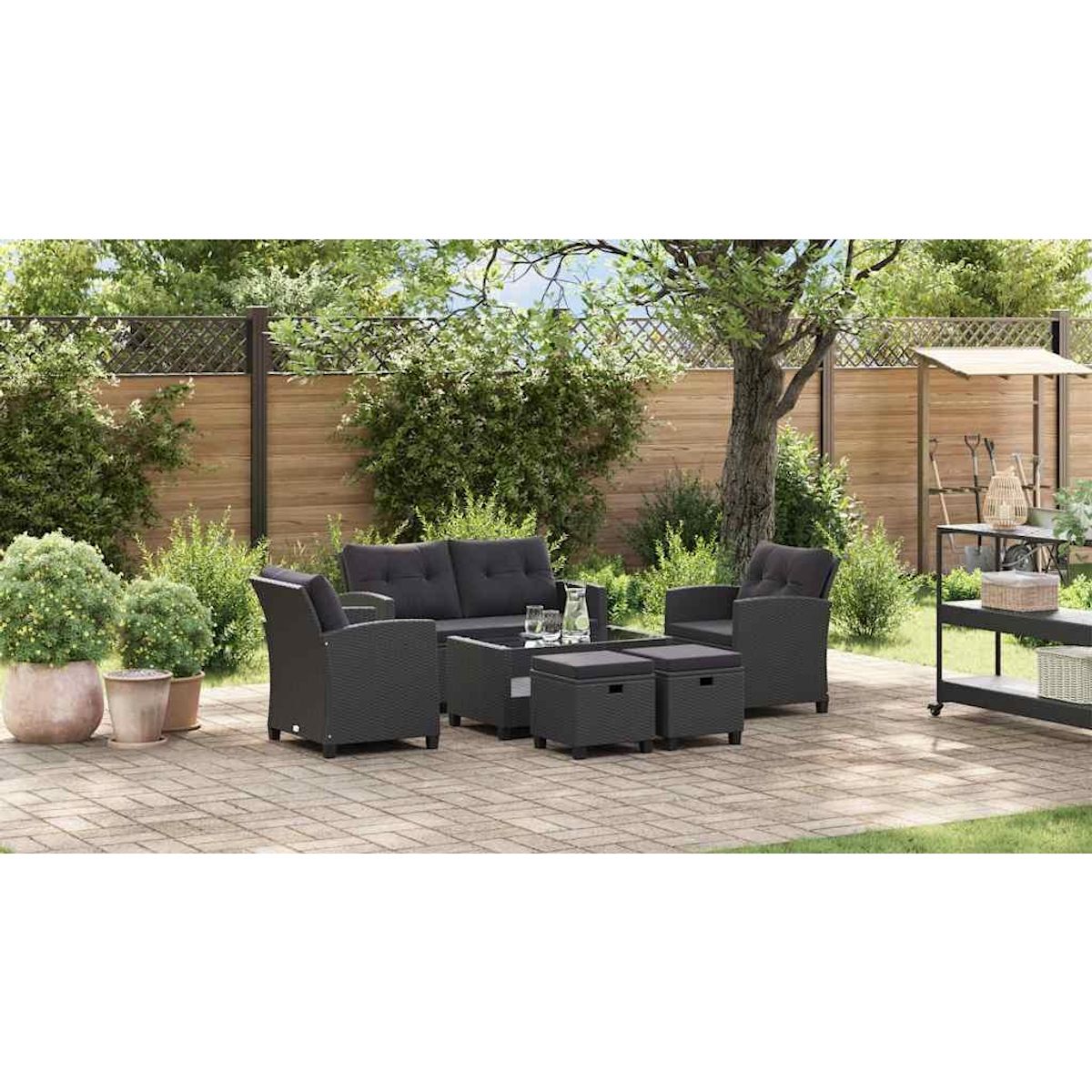 VIDAXL Canapes de jardin 6 pcs avec coussins Resine tressee Noir
