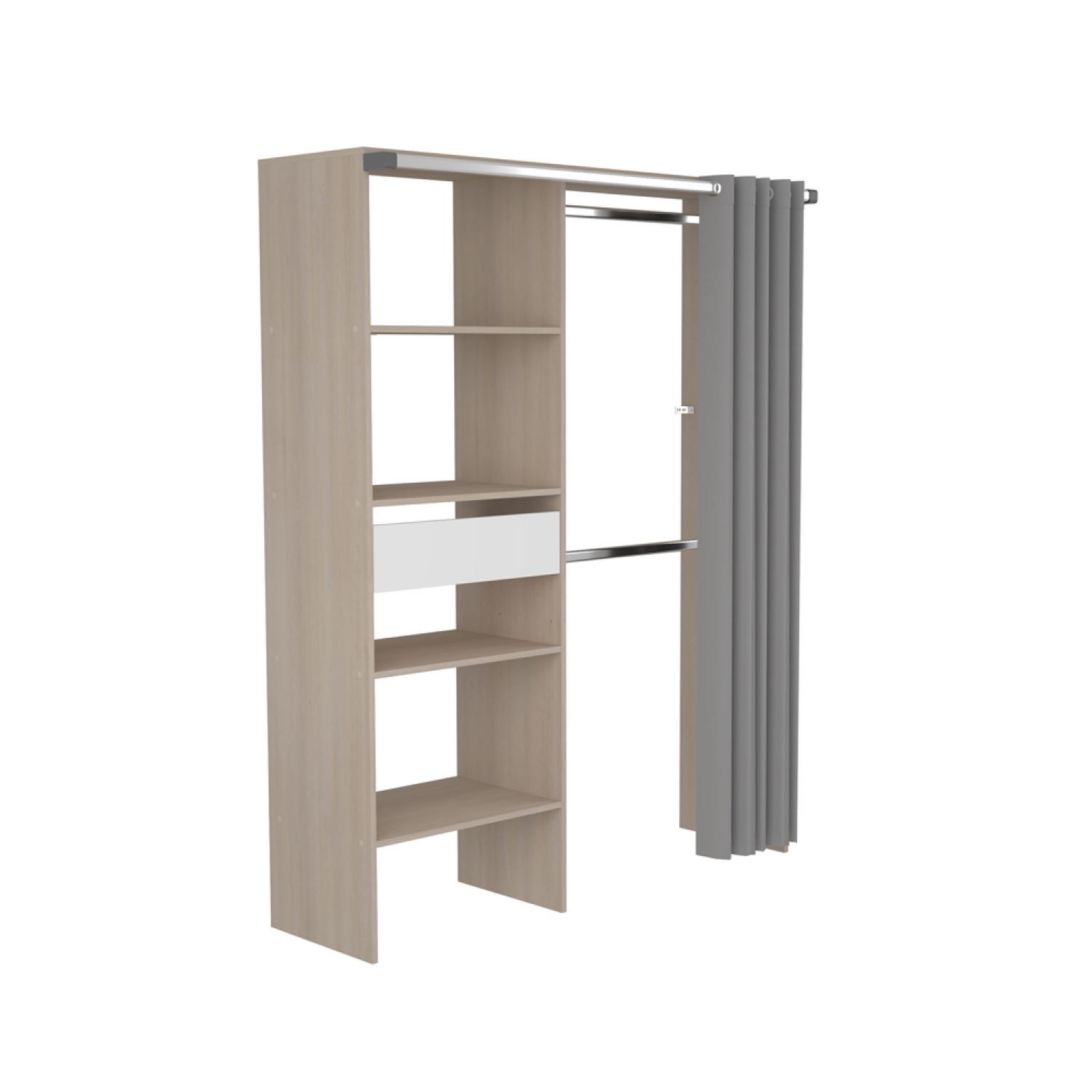 Voir la diapositive 5 : CONCEPT USINE Dressing avec rideau 4 étagères 2 penderies et un tiroir bois et blanc bali