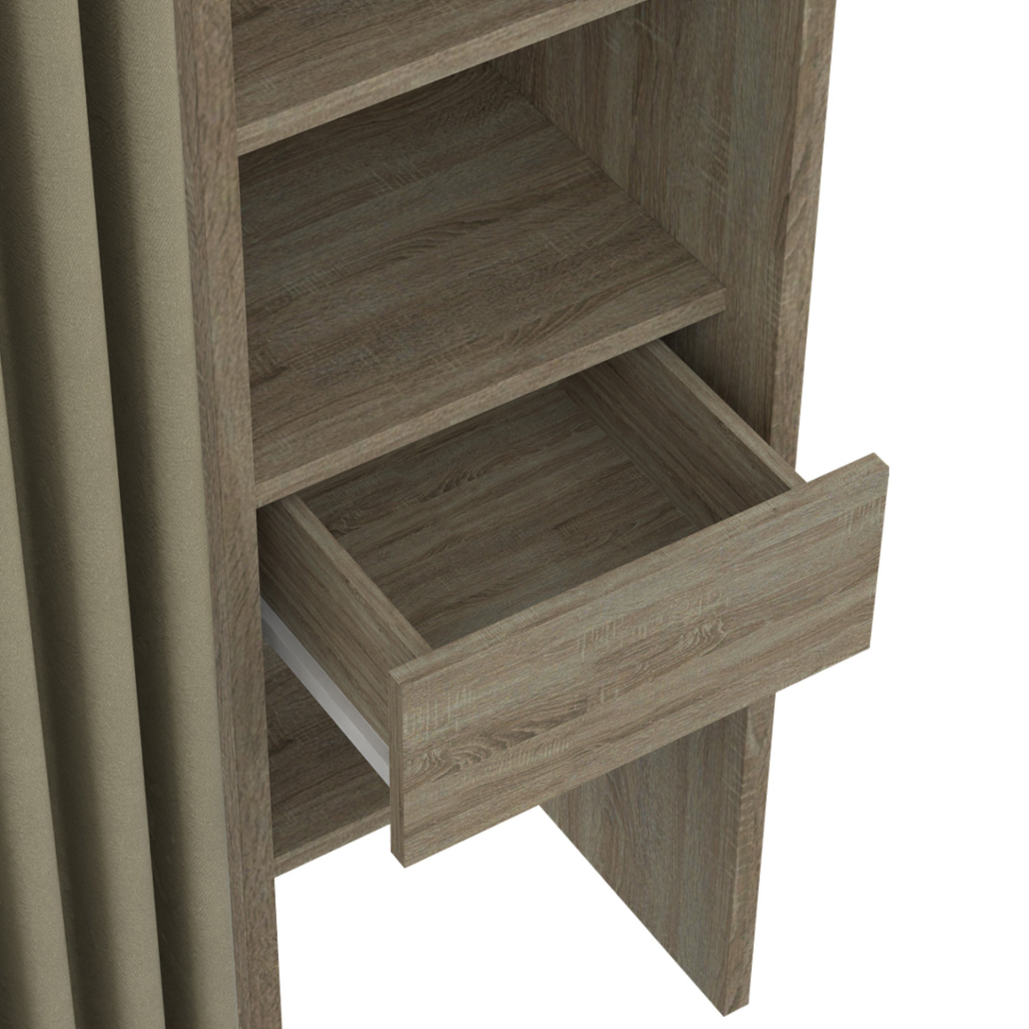 Voir la diapositive 5 : ID MARKET Dressing extensible double meryl 120/180 x 50 x 180 cm hêtre avec étagères + double penderie + rideau taupe