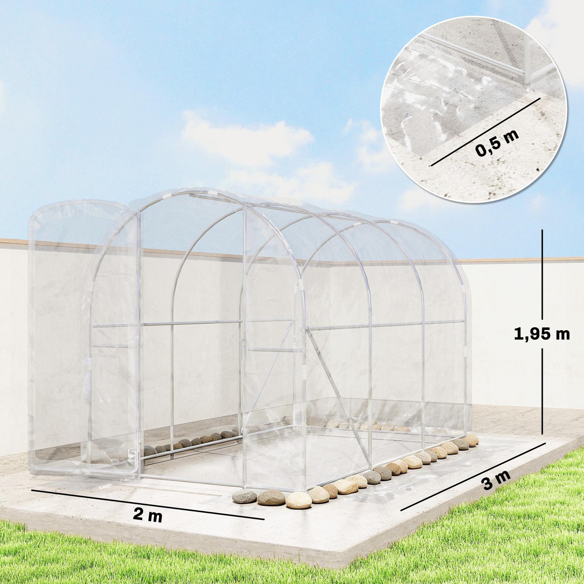 Voir la diapositive 3 : OUTSUNNY Serre tunnel de jardin 6 m² - 3 x 2 x 2 m - porte - acier galvanisé pe 150 g/m² transparent