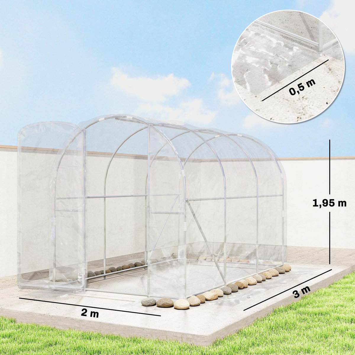 OUTSUNNY Serre tunnel de jardin 6 m² - 3 x 2 x 2 m - porte - acier galvanisé PE 150 g/m² transparent