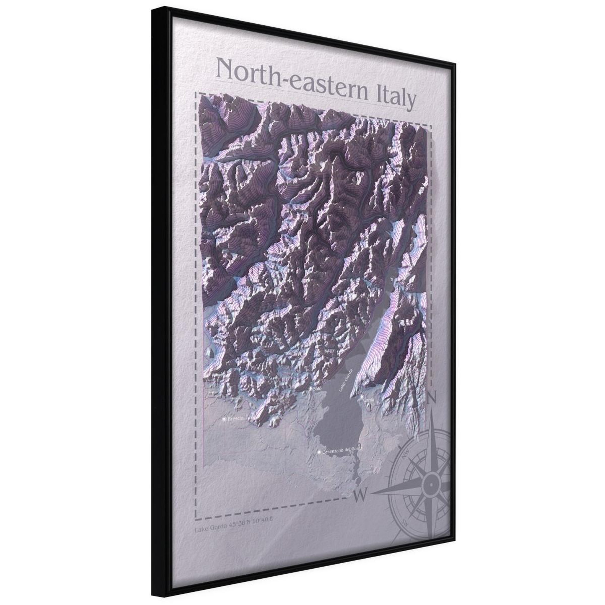 Paris Prix Affiche murale encadrée  raised relief map north-eastern italy. Coloris disponibles : Noir, Jaune