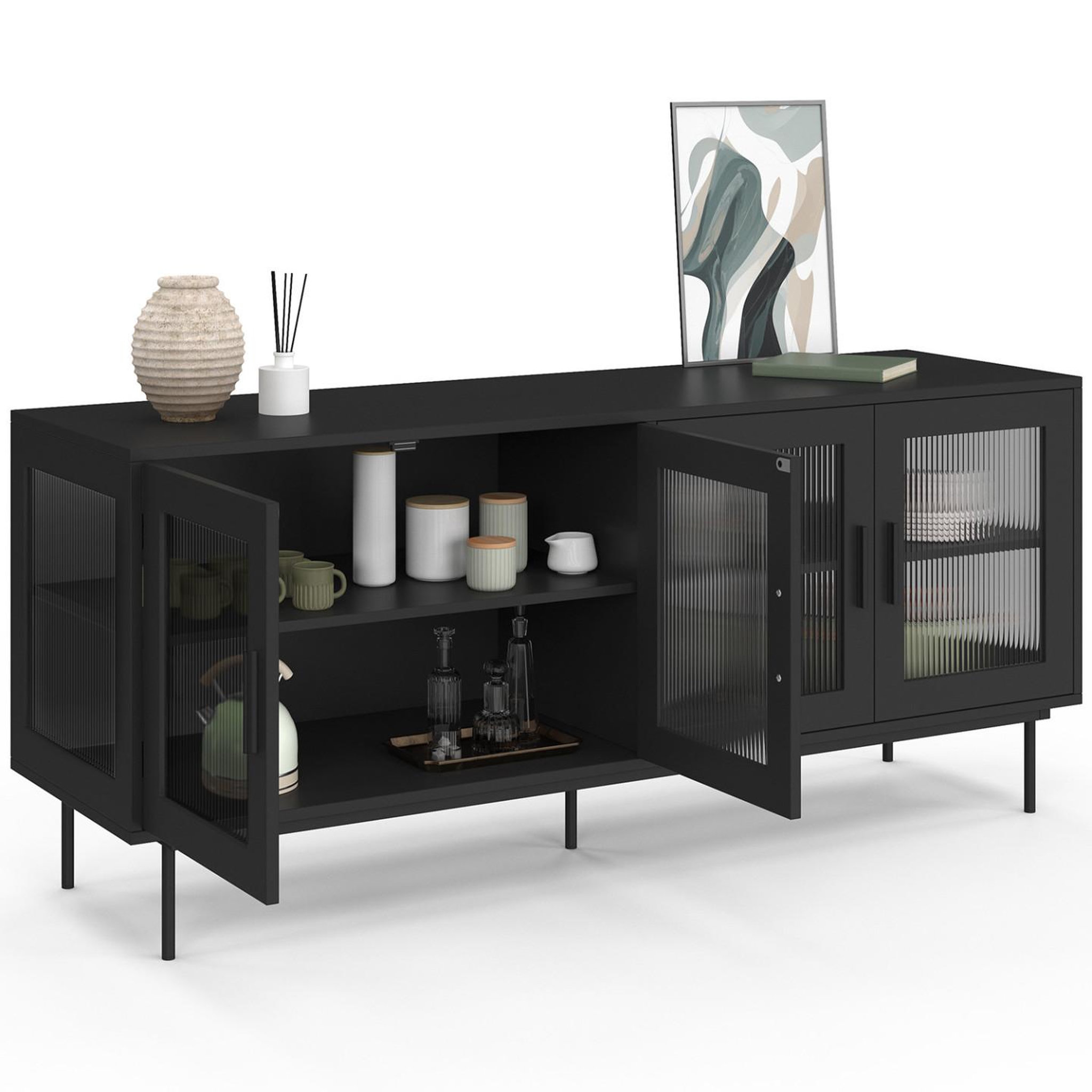 Voir la diapositive 4 : ID MARKET Buffet 140 cm zineb 4 portes vitrées façade cannelée noir