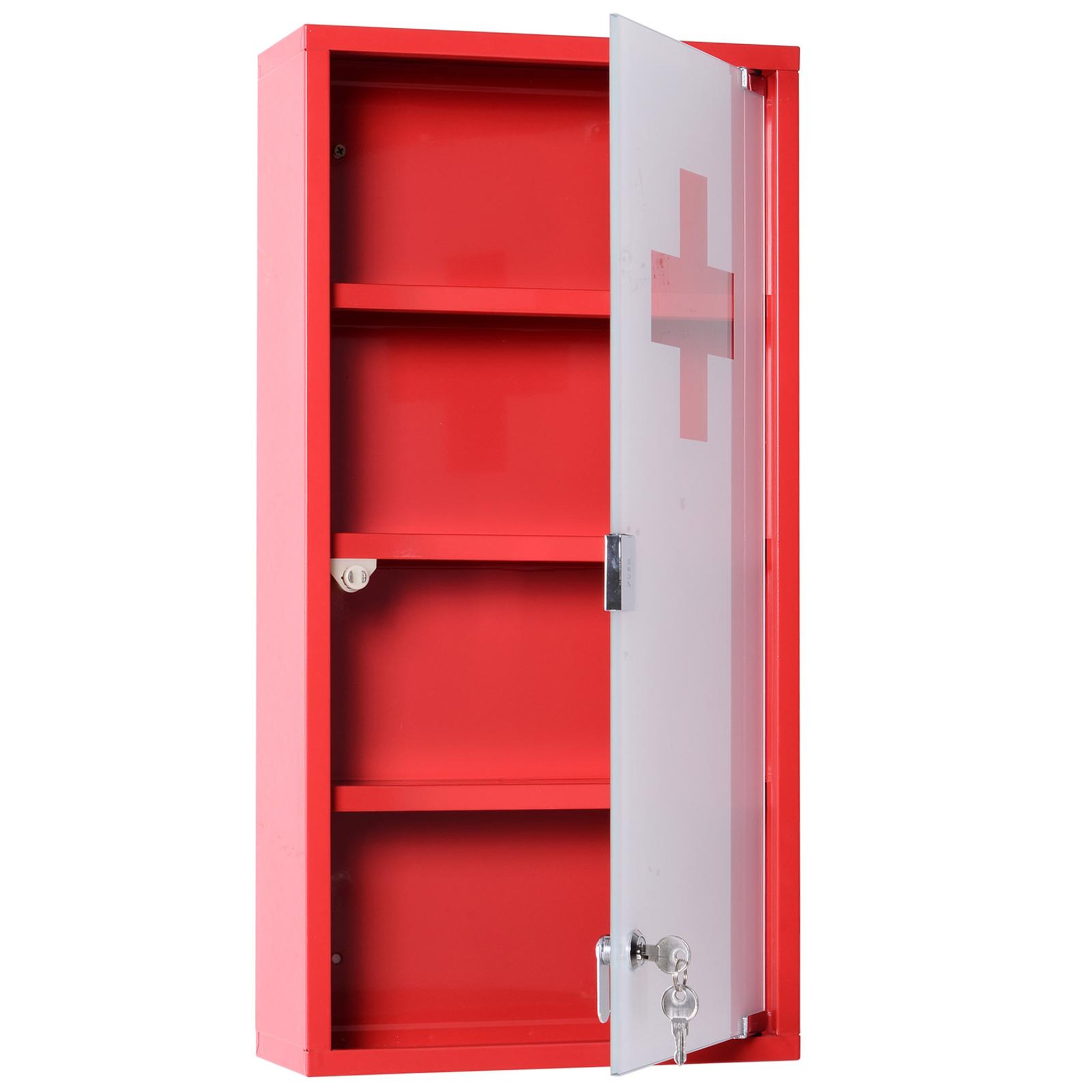 Voir la diapositive 4 : HOMCOM Armoire à pharmacie 3 étagères 4 niveaux verrouillable porte verre trempé dépoli logo croix 30l x 12l x 60h cm acier inox rouge