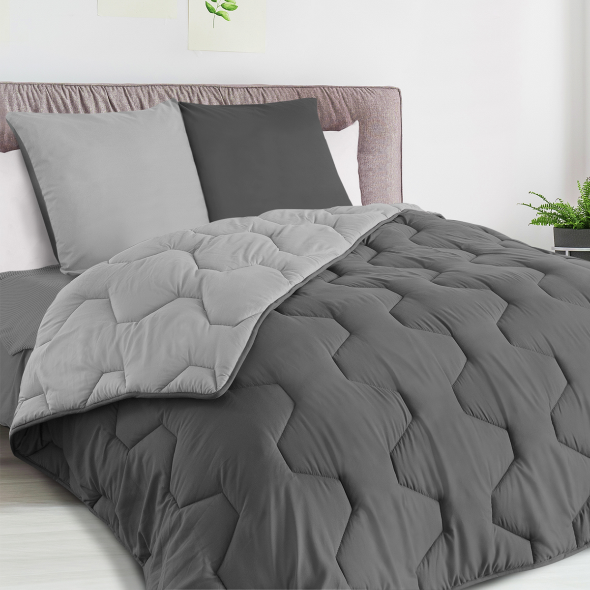 ID MARKET Couette 220x240 CM ABBY bicolore gris clair et gris 300 gr + 2 oreillers
