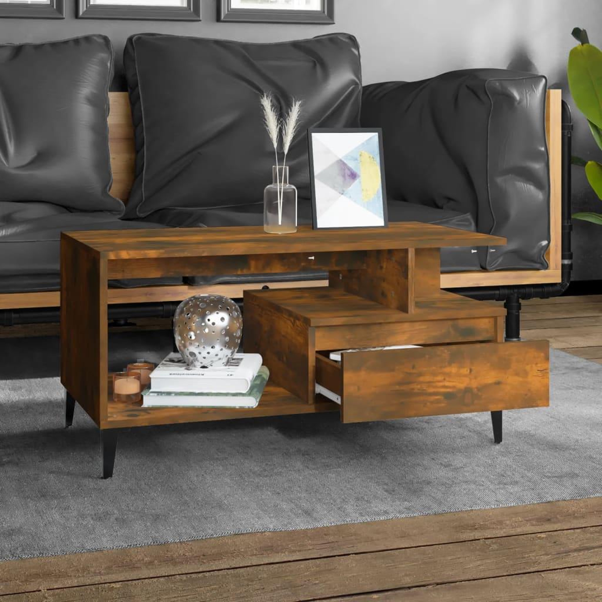 Voir la diapositive 3 : VIDAXL Table basse Chene fume 90x49x45 cm Bois d'ingenierie