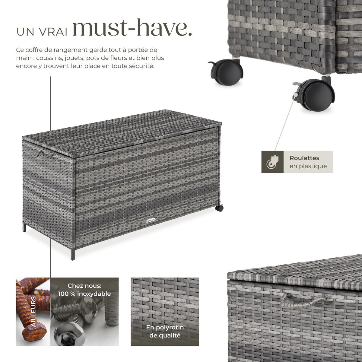 tectake Coffre de jardin caisse de rangement pour coussins 297 l, avec cadre en aluminium et tressage en rotin gris