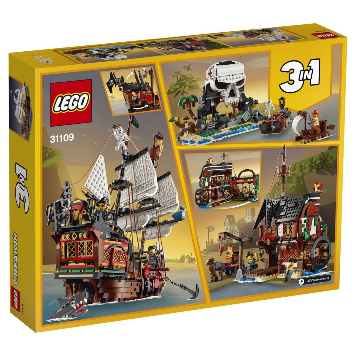 LEGO Creator 31109 Le bateau pirate -  Auberge et Île au Crâne, Jouet Créatif 3 en 1, pour Enfants de 9 Ans et Plus