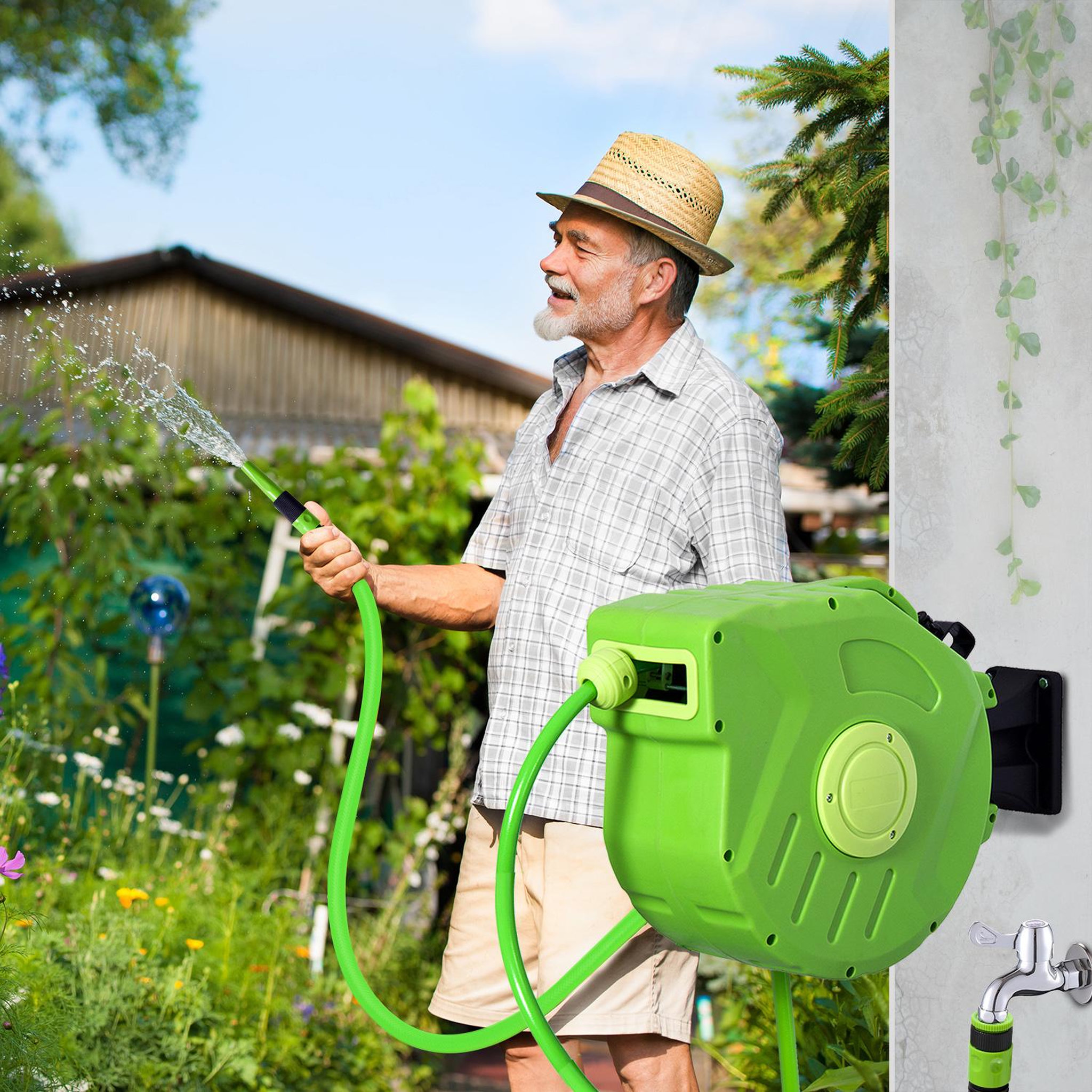 Voir la diapositive 2 : OUTSUNNY Dévidoir mural enrouleur automatique pivotant 180° tuyau 20 + 2 m avec lance arrosage support mural intégré vert
