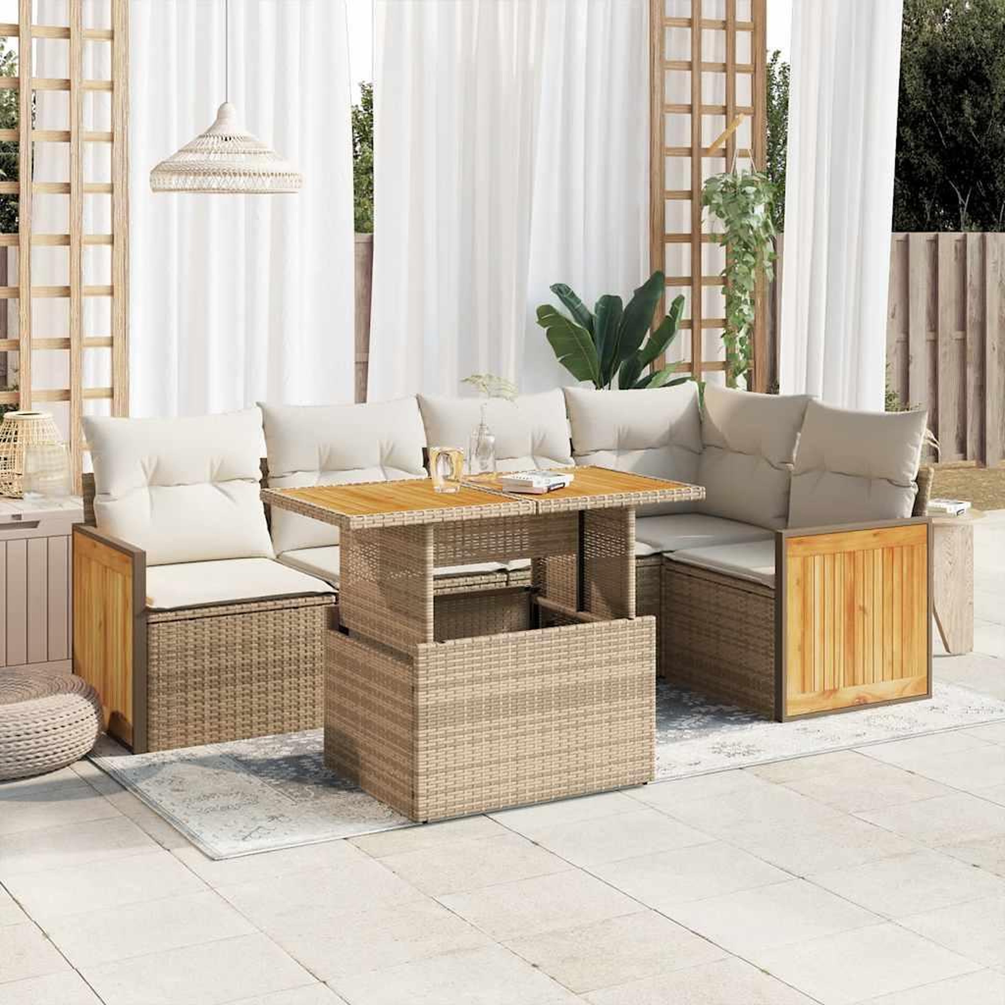 VIDAXL Salon de jardin 6 pcs avec coussins beige resine tressee acacia
