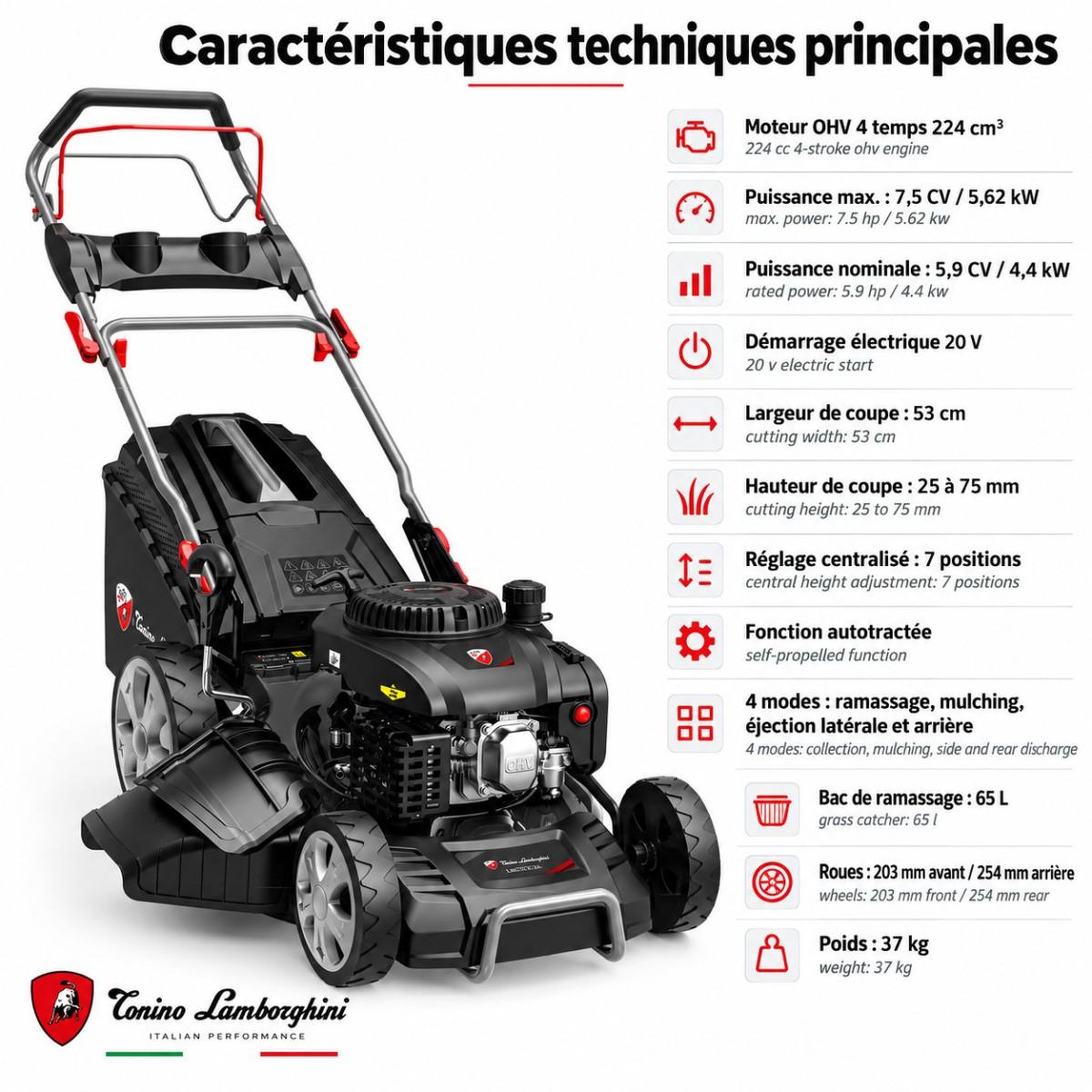 Voir la diapositive 4 : BY TONINO LAMBORGHINI GARDEN MACHINERY Tondeuse à gazon thermique autotractée 224 cm³ 7,5 cv 53 cm 4-en-1 démarrage électrique 20 v bac 65 l tonino lamborghini