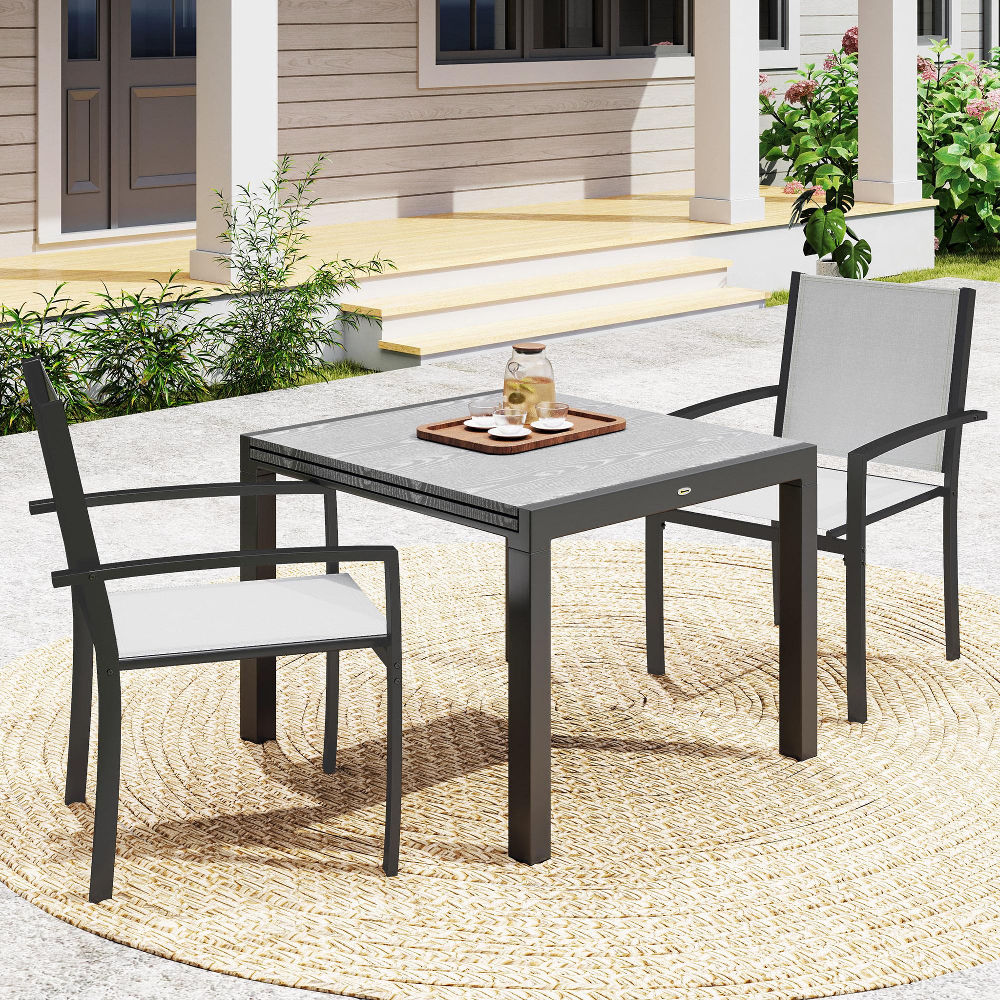 Voir la diapositive 4 : OUTSUNNY Lot de 2 chaises de jardin empilables avec accoudoirs acier noir textilène gris clair