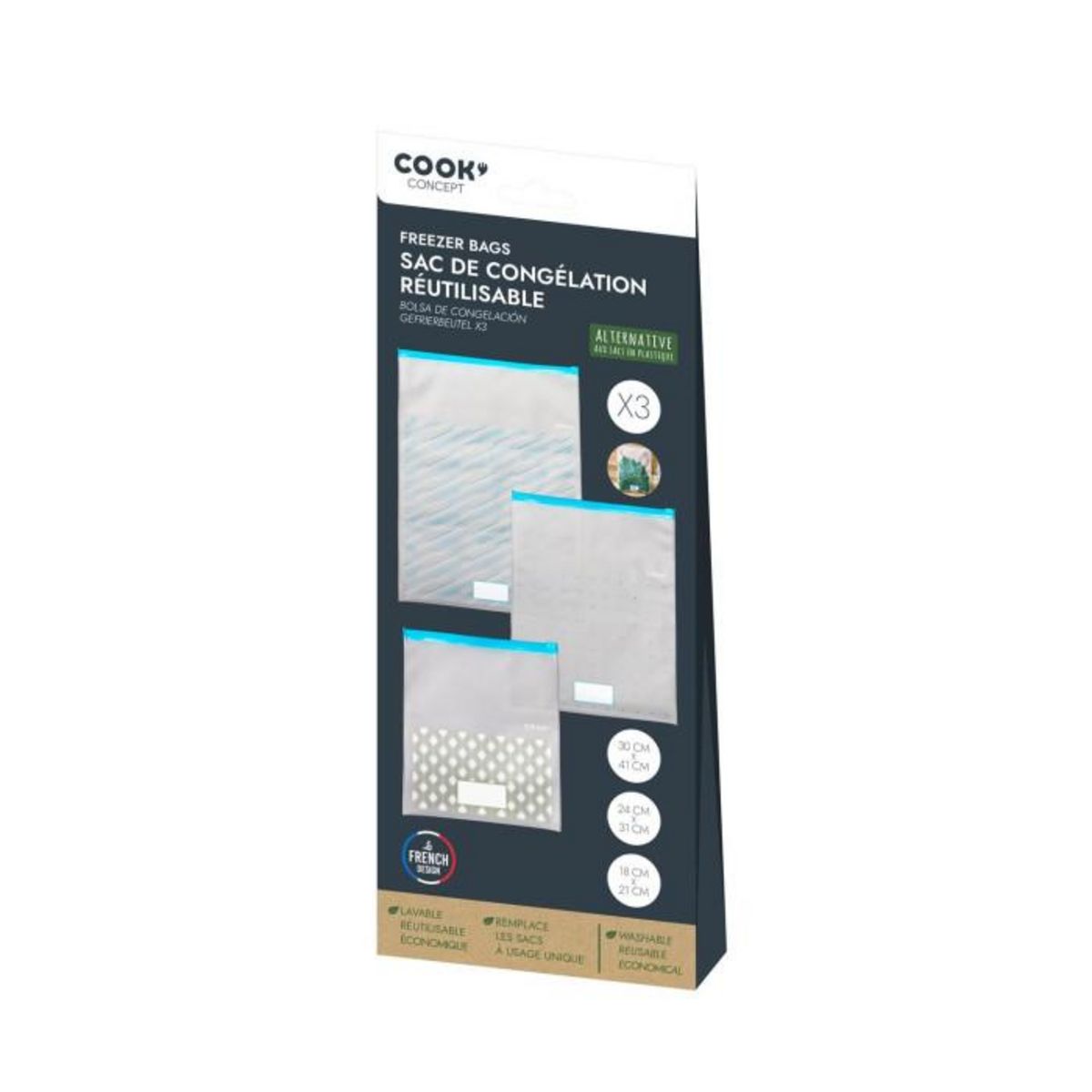 Paris Prix Lot de 3 Sacs de Congélation  Réutilisables  41cm Transparent
