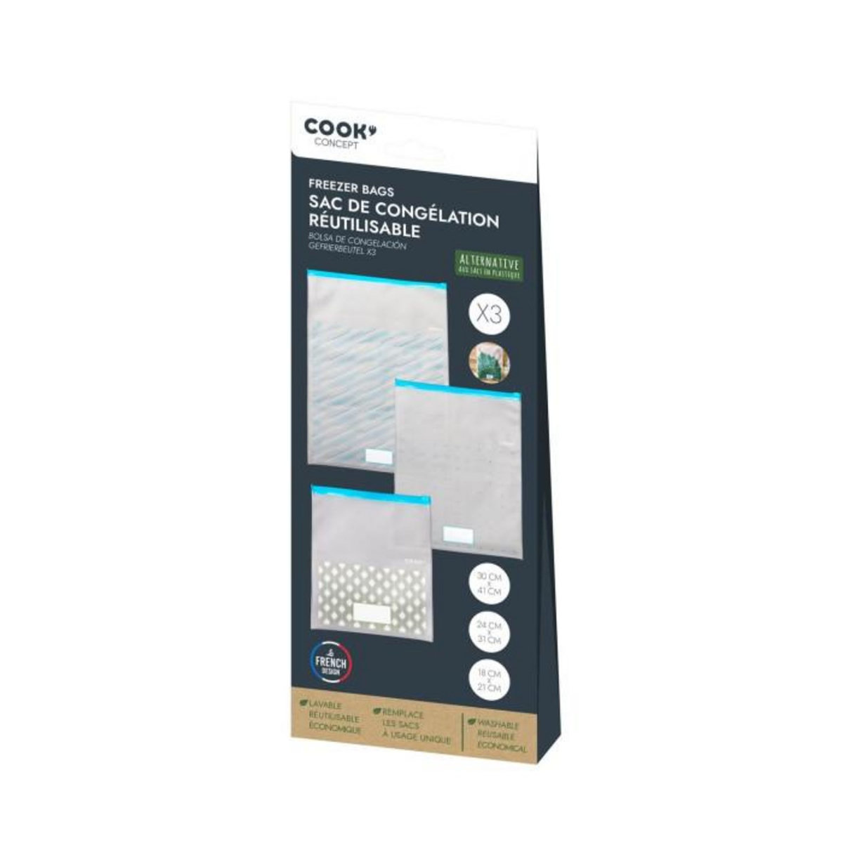 Paris Prix Lot de 3 Sacs de Congélation  Réutilisables  41cm Transparent