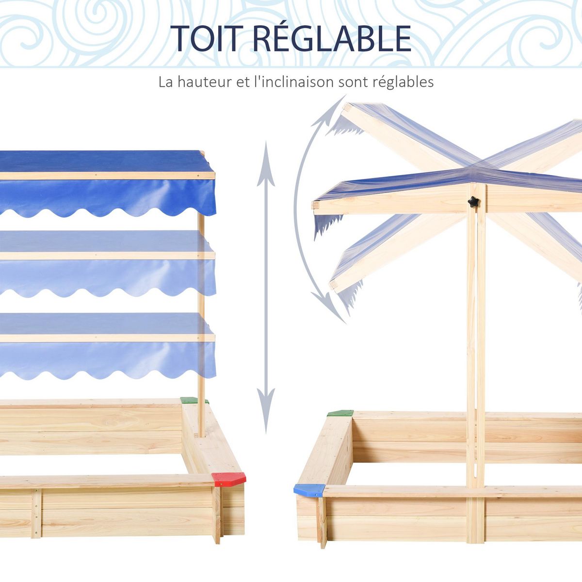 OUTSUNNY Bac à sable bois carré dim. 1,2L x 1,2l x 1,2H m - hauteur et inclinaison toit réglables - bois naturel de pin