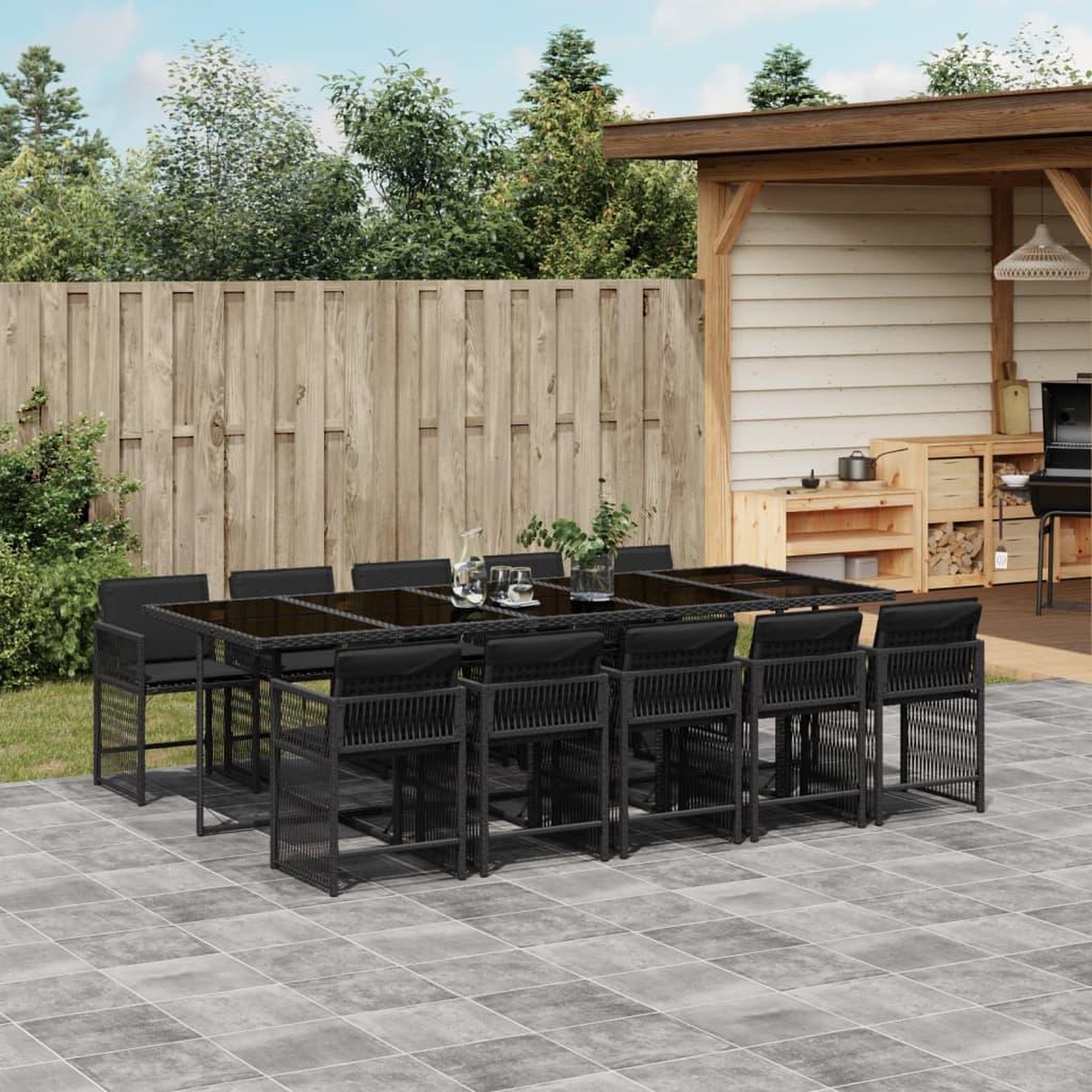 VIDAXL Ensemble a manger de jardin 11 pcs coussins noir resine tressee