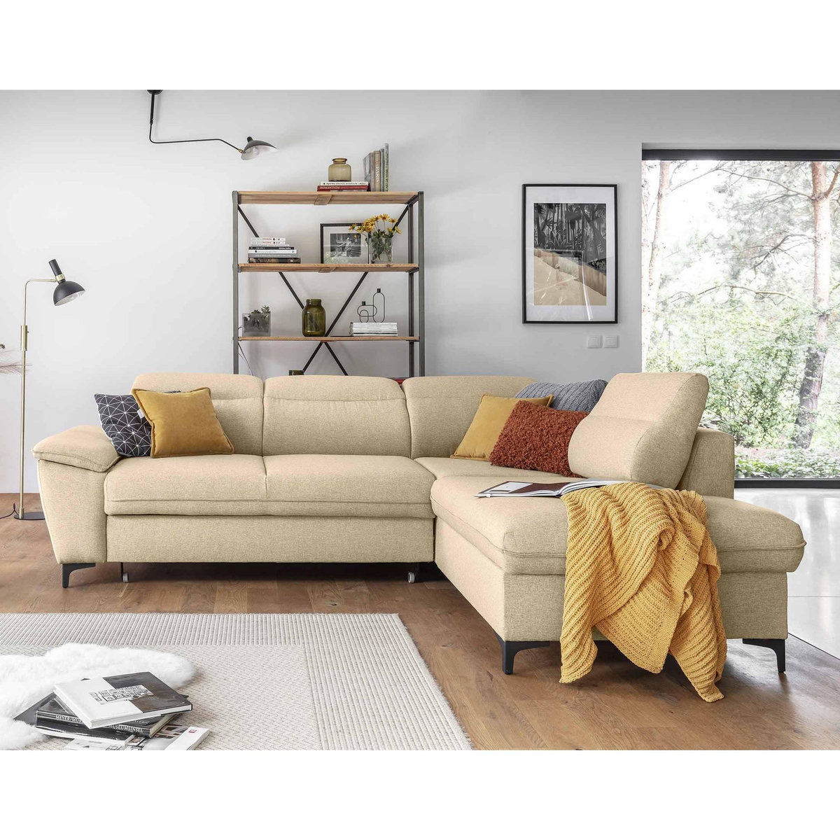 BEST MOBILIER Clever - canapé d'angle droit - 5 places - convertible avec coffre et têtières - en tissu