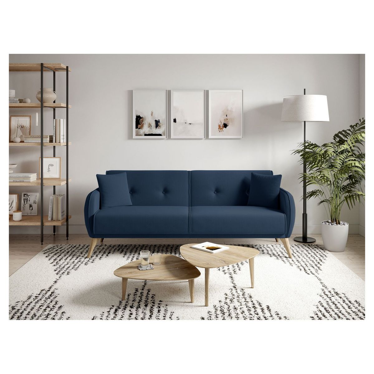 Canapé droit convertible 3 places tissu pieds bois clair BONJO