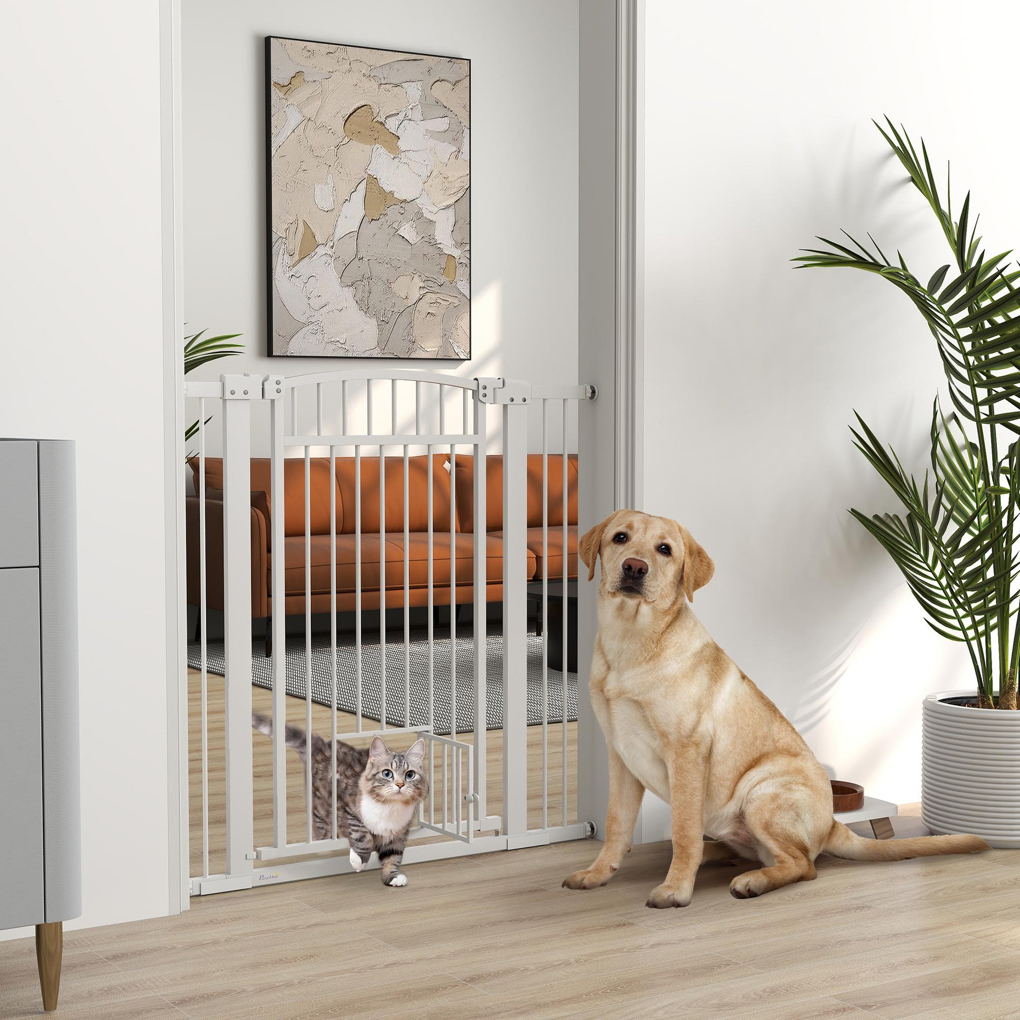 Voir la diapositive 2 : PAWHUT Barrière de sécurite chien extensible l.76-104 cm double verrouillage montage pression ou perçage blanc