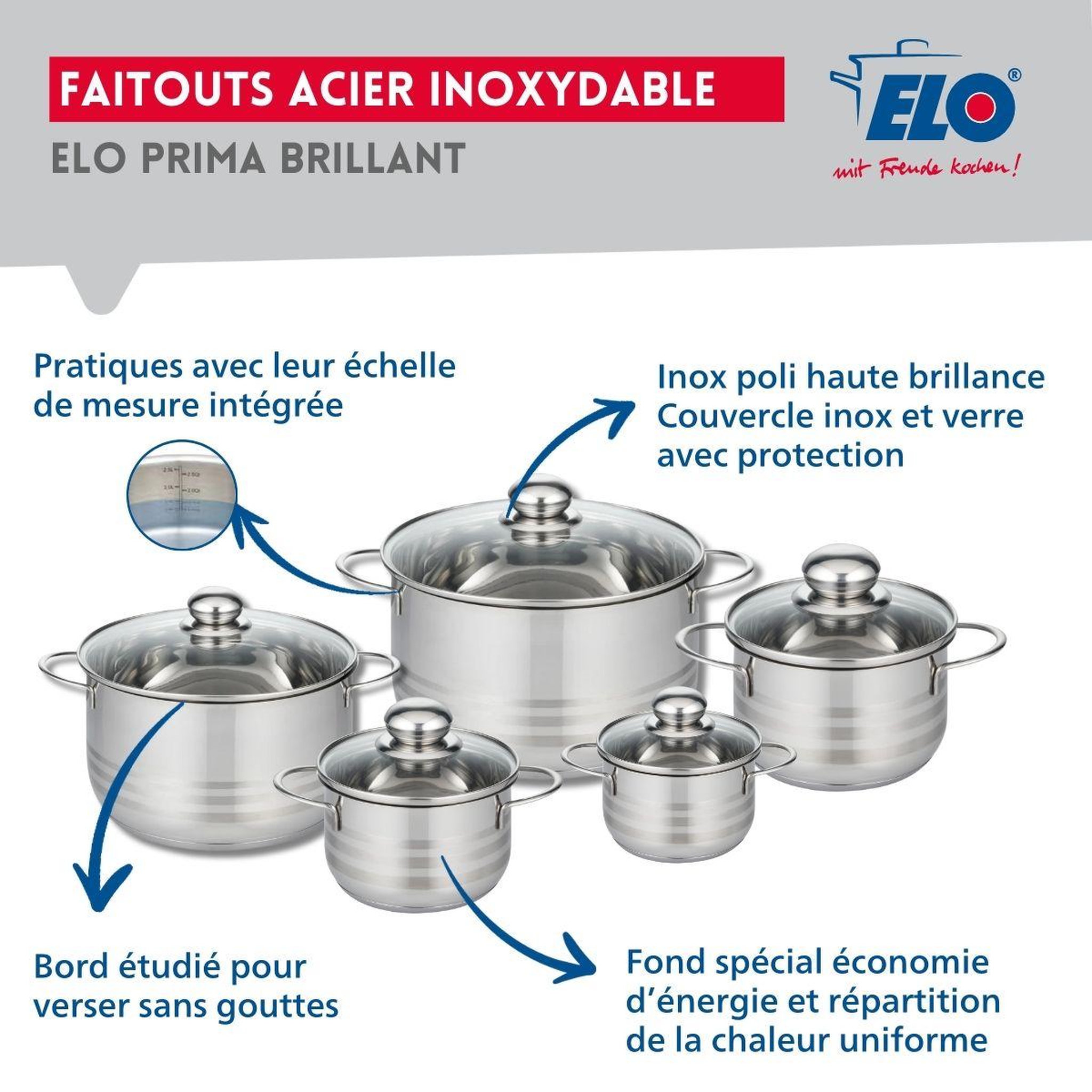 Voir la diapositive 3 : ELO Ensemble de 2 poêles de cuisson 20 et 24 cm et 5 faitouts 12, 14, 16, 20 et 24 cm elo prima brillant