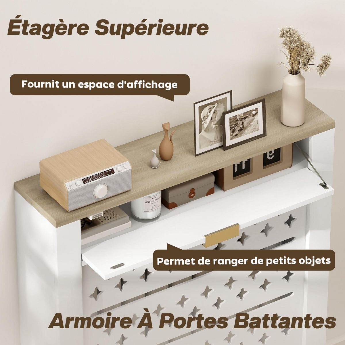 HOMCOM Cache-radiateur design motif étoile 1 porte dim. 78 x 19 x 95 cm doré effet bois blanc