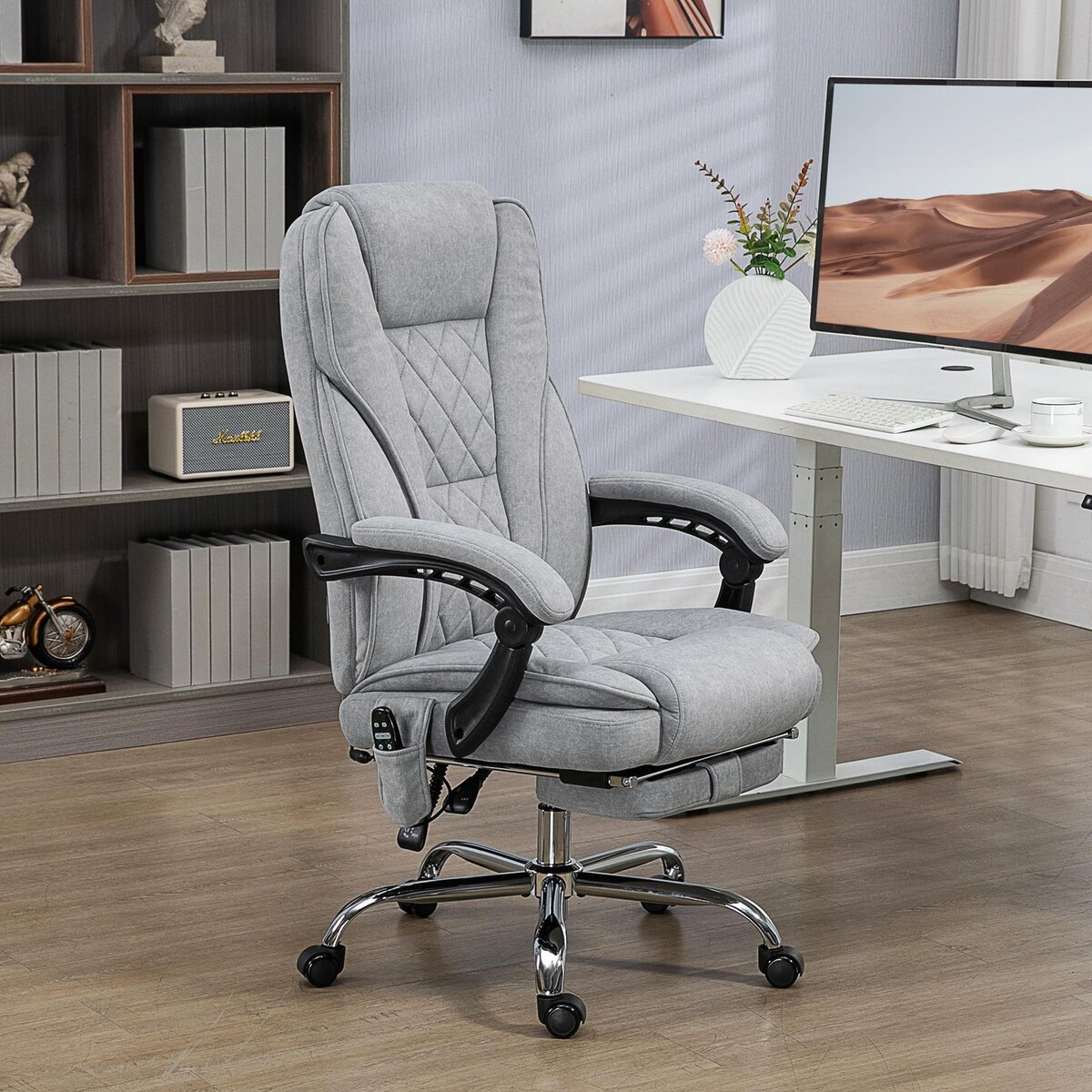 VINSETTO Fauteuil de bureau manager massant chauffant inclinable réglable télécommande repose-pieds rétractable velours gris clair