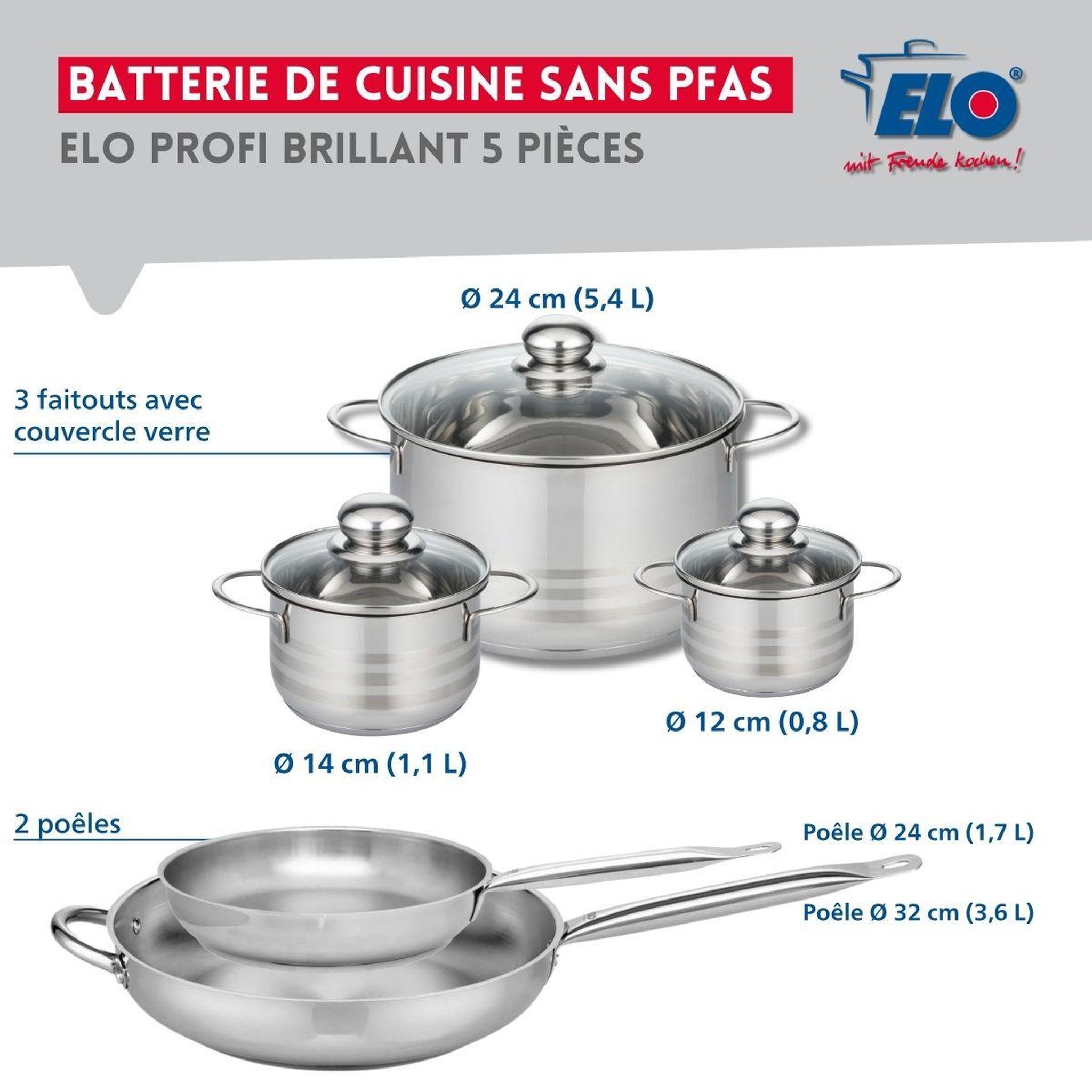 Voir la diapositive 2 : ELO Ensemble de 2 poêles de cuisson 24 et 32 cm et 3 faitouts 12, 14 et 24 cm elo profi brillant