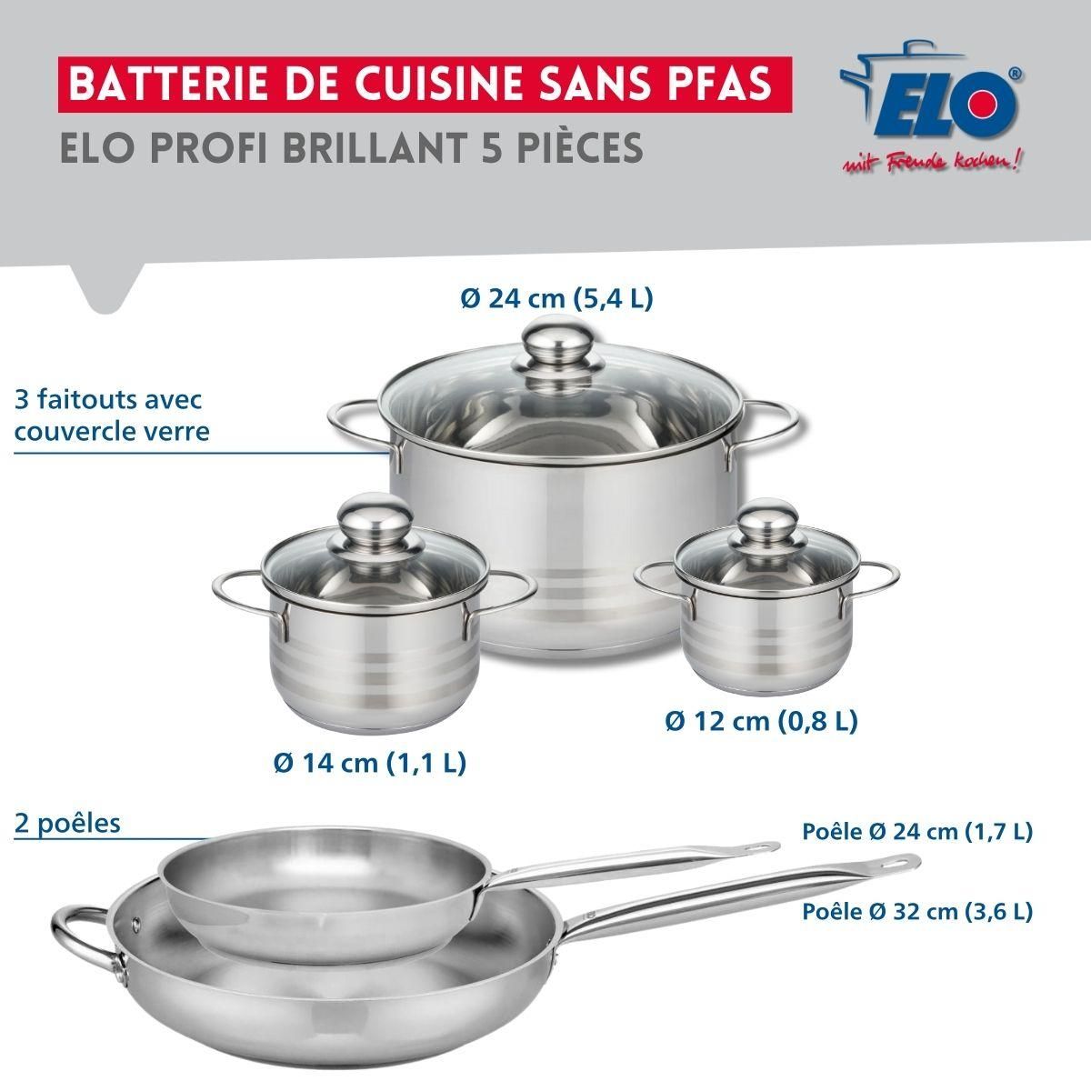 ELO Ensemble de 2 Poêles de cuisson 24 et 32 cm et 3 faitouts 12, 14 et 24 cm Elo Profi Brillant