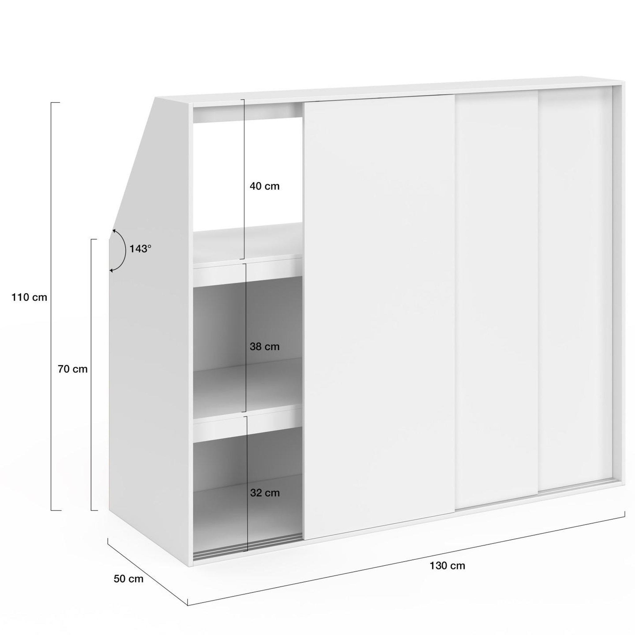 Voir la diapositive 5 : ID MARKET Armoire sous pente 3 portes coulissantes 3 niveaux tomi 130 x 50 x 70/110 cm blanc