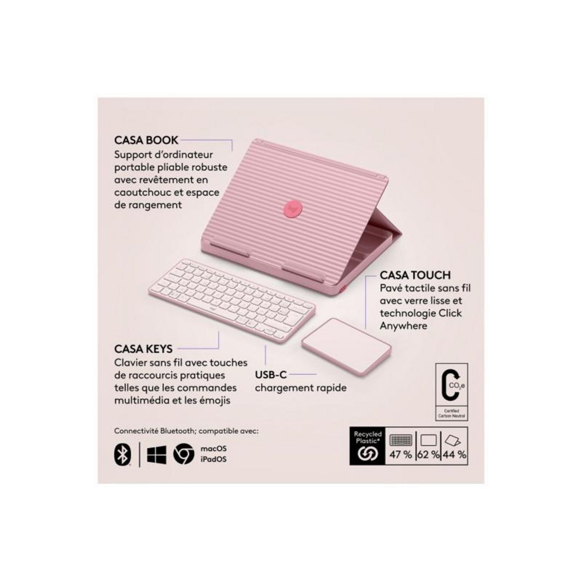 Logitech Clavier Logitech Casa Pop Up Desk Rose, support, clavier sans fil, pavé tactile