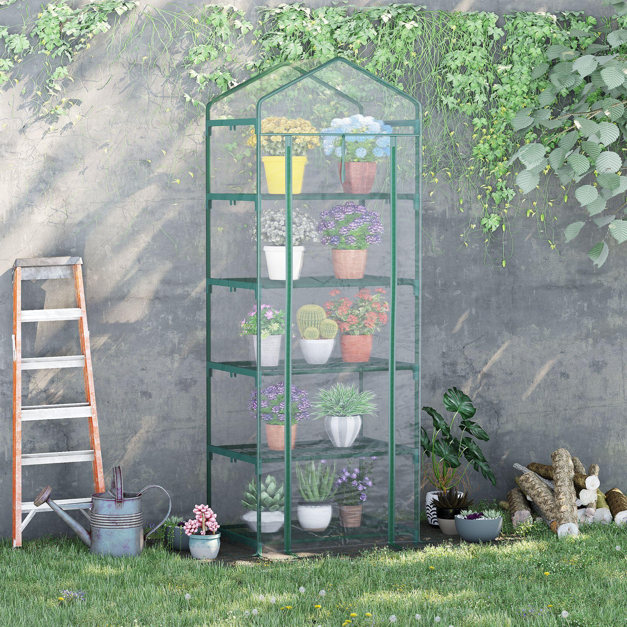 Voir la diapositive 2 : OUTSUNNY Serre de jardin balcon étagère serre 5 niveaux 0,69L x 0,49l x 1,93H m acier galvanisé bâche amovible PVC vert