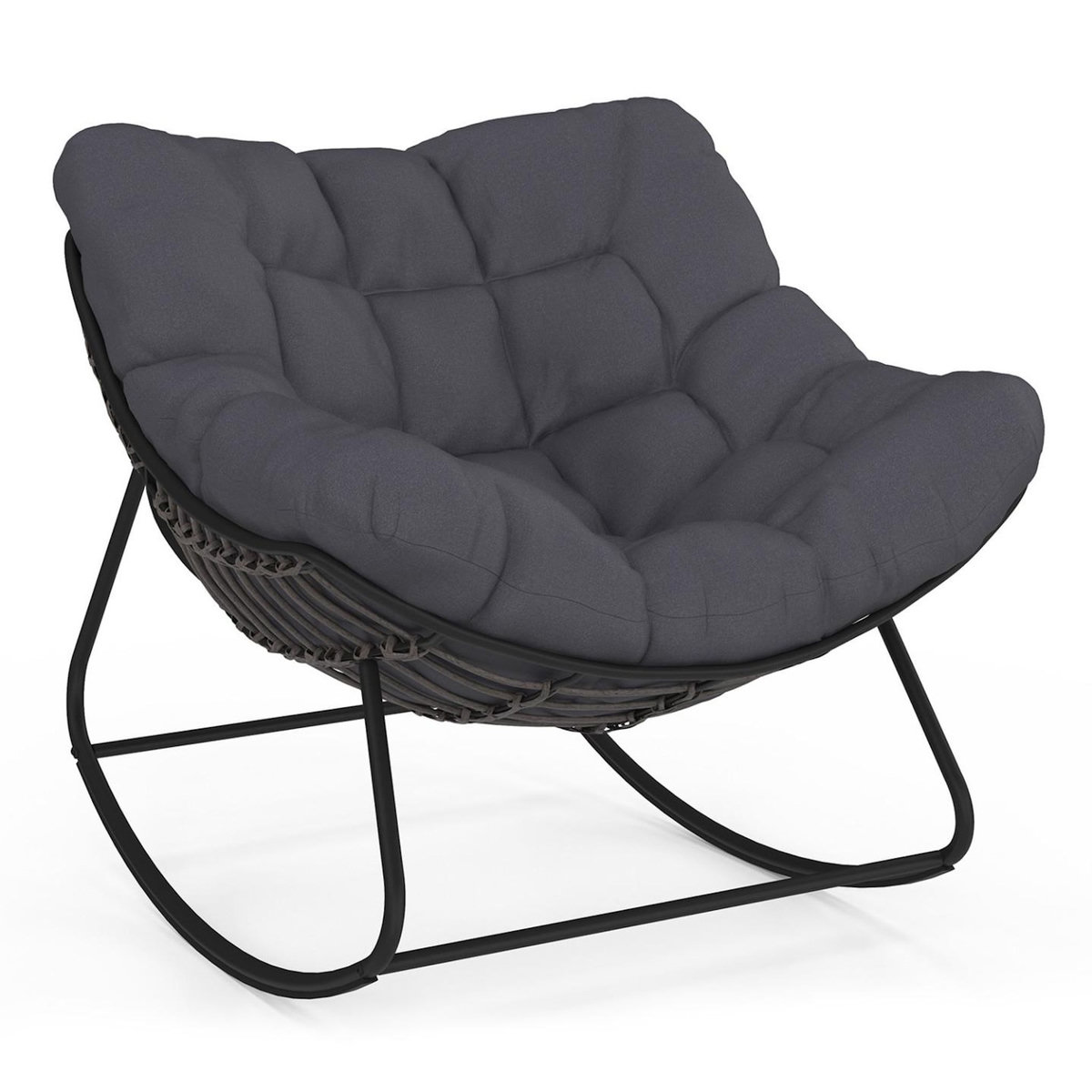ID MARKET Fauteuil de jardin à bascule LOA effet rotin gris avec coussin gris